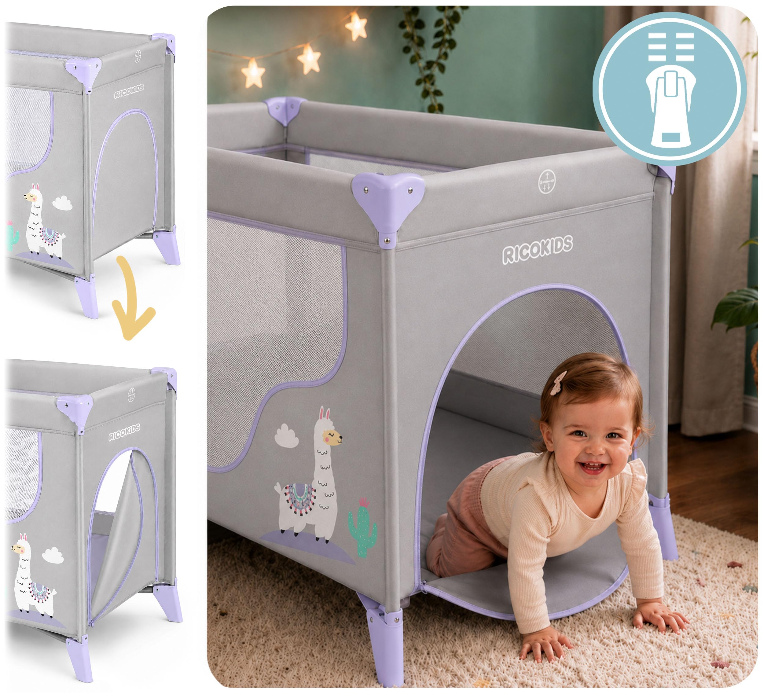 Ricokids Łóżeczko turystyczne dla niemowląt z materacem 123,5 x 64 x 76 cm do 15 kg 2 koła z hamulcami jasnoszary lawendowy