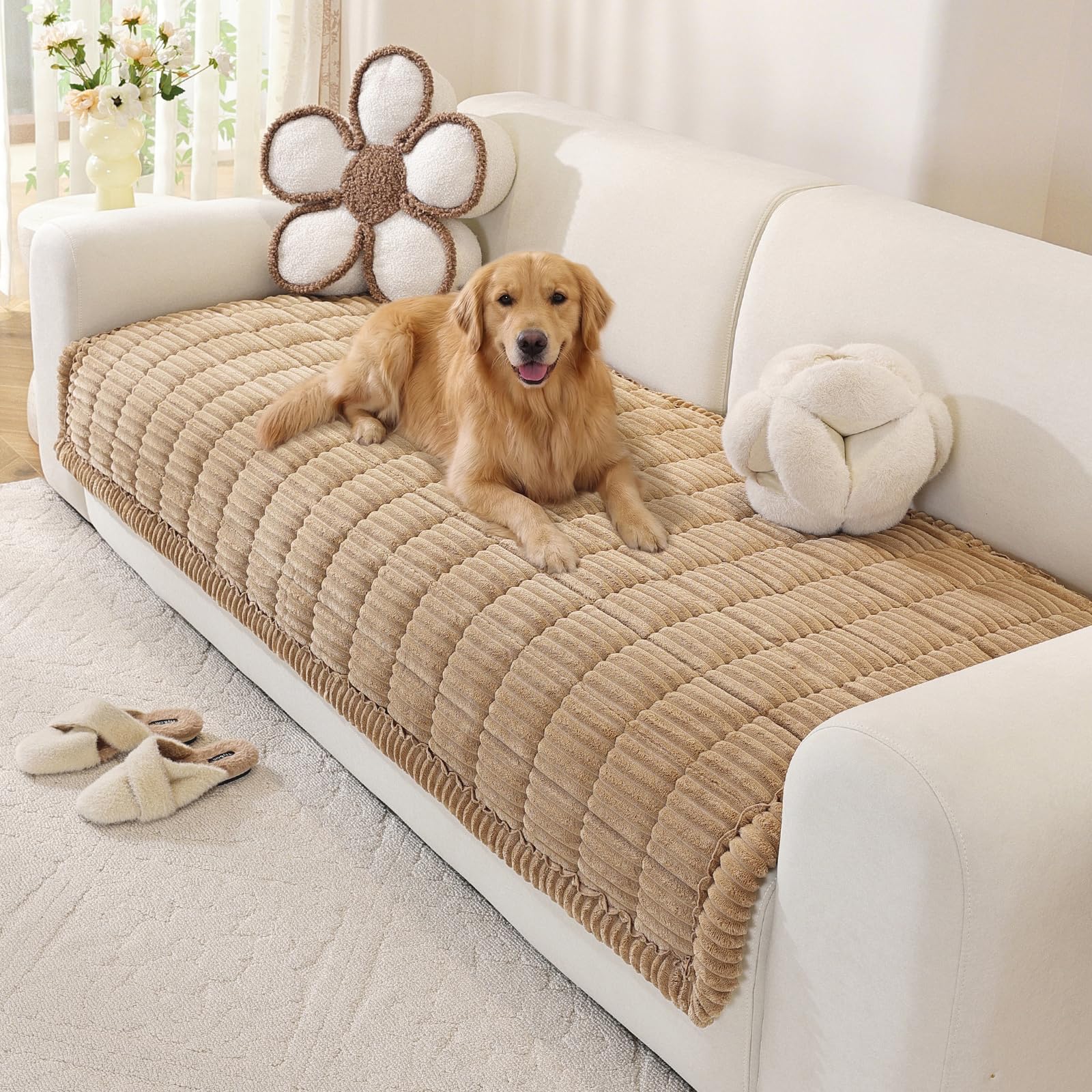 OstepDecor Sofa Covers 2 3 4 Seater, Pet Sofa Cover, Settee Covers, Couch Protectors for Dogs, L-Shaped Corner Couch Cover, Thick Soft Corduroy Fuzzy Pads for Pets and Kids (Khaki, 90x210cm) — image 1
