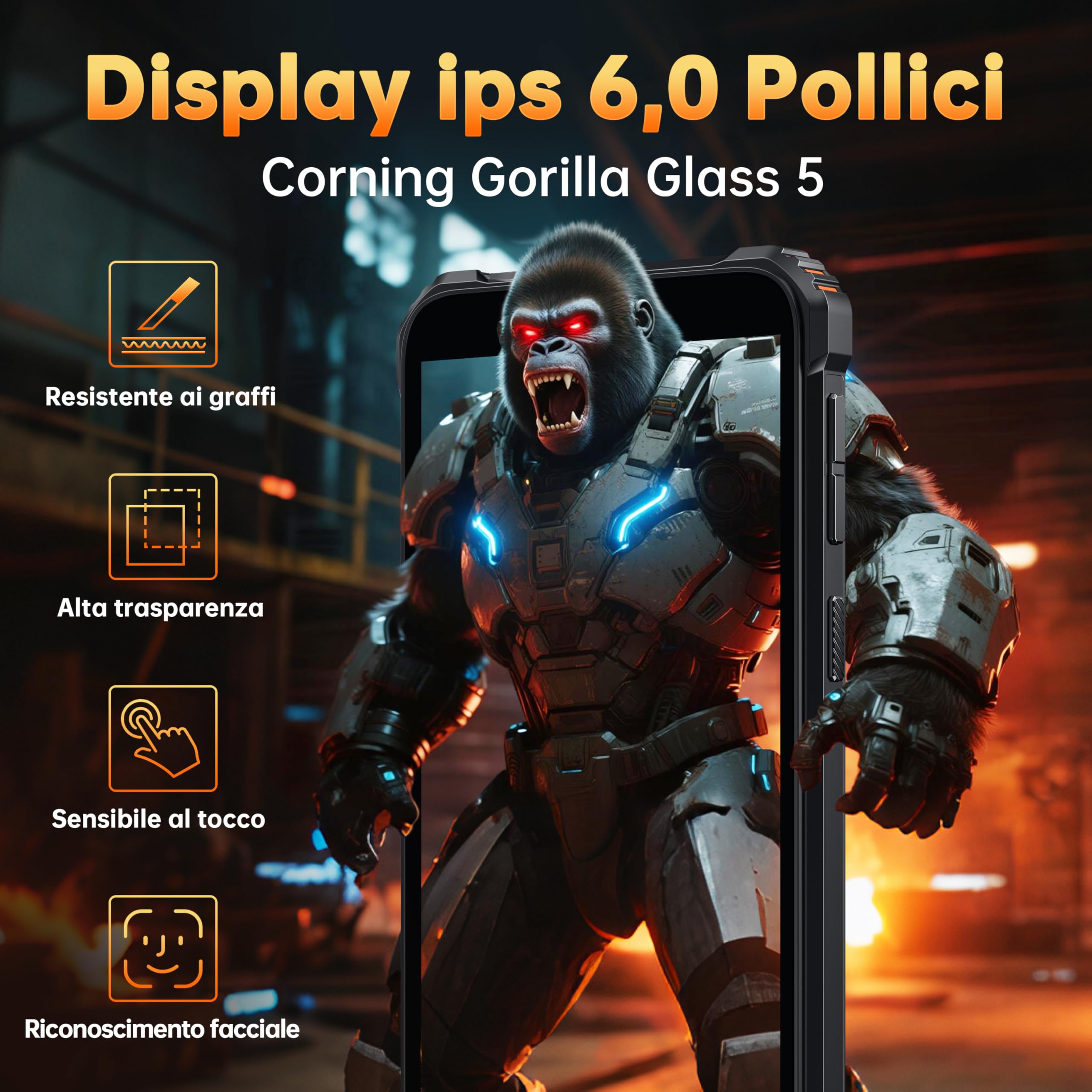 OUKITEL G3 Rugged Smartphone - 2025, 16GB+128GB/1TB Telefono Indistruttibile, 6" HD Display 6300mAh 13MP IP68/IP69K Corning Glass 5 Cellulare Robusto, OTG/GPS/4G Dual SIM/Face ID/3.5mm jack, Arancione