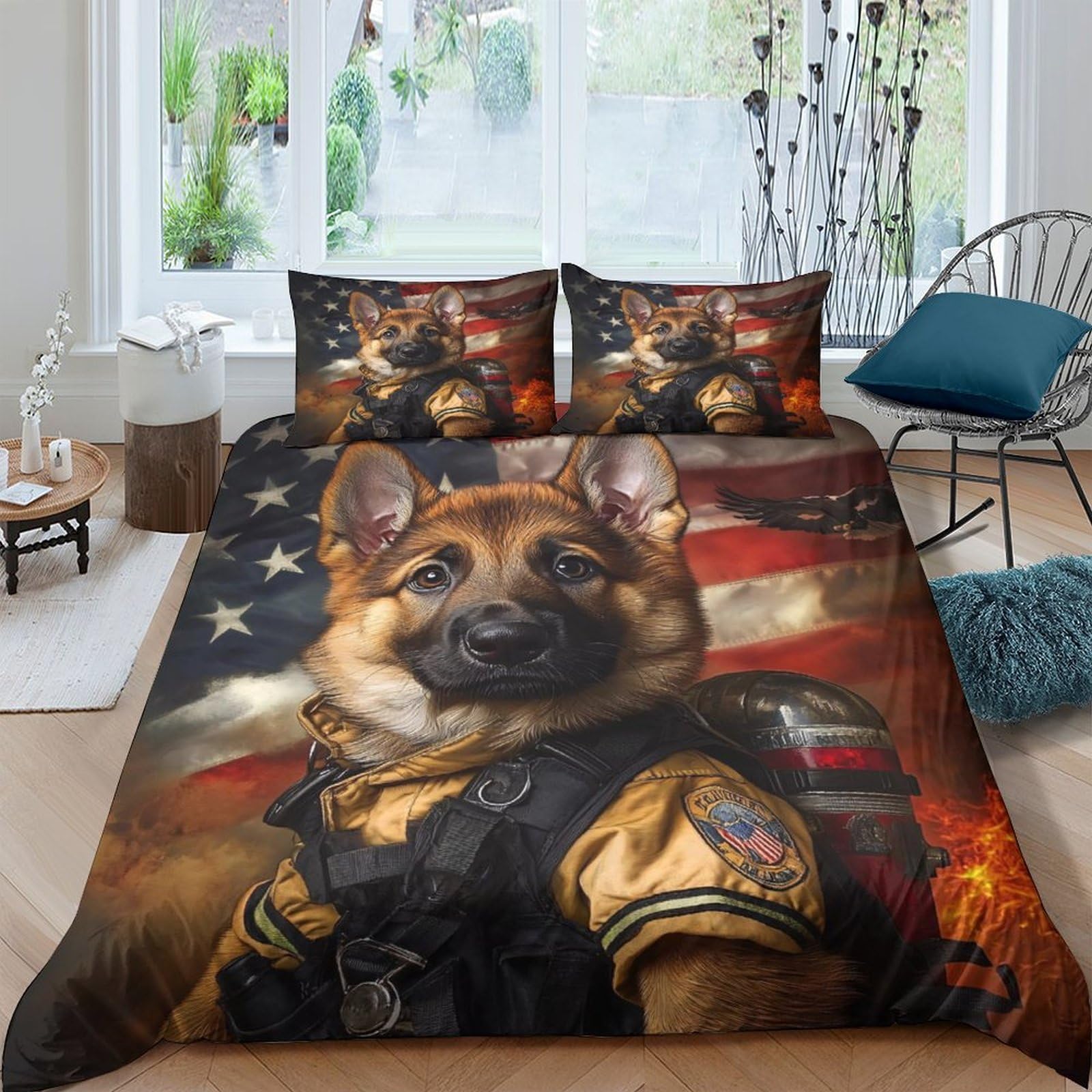 XFKLYNVCJ 3D Printed firefighter puppy Quilt Cover Polyester American patriotic Bed Cover Hypoallergenic Shrink Resistant Family Home Bedroom Use Single（135x200cm）