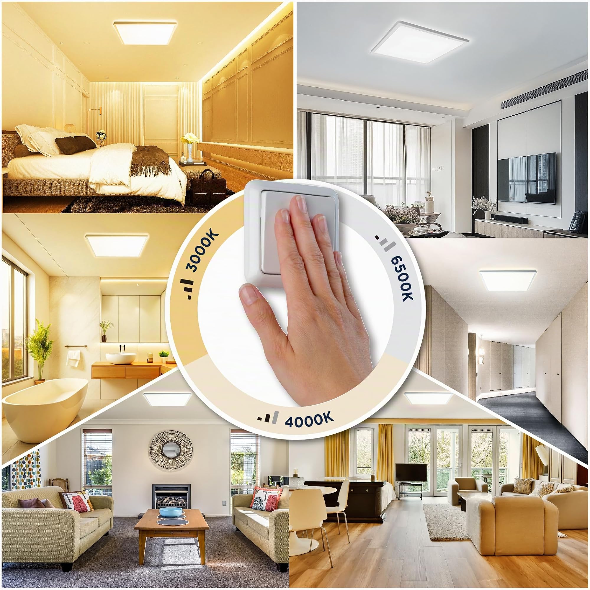BestLuz LED Plafoniera, 3 Stadi 3000K/4000K/6500K 42x42 CM 24W 2800LM, Ultra Sottile, Bianco, Minimalista, per Soggiorno, Camera da letto, Bagno, Cucina