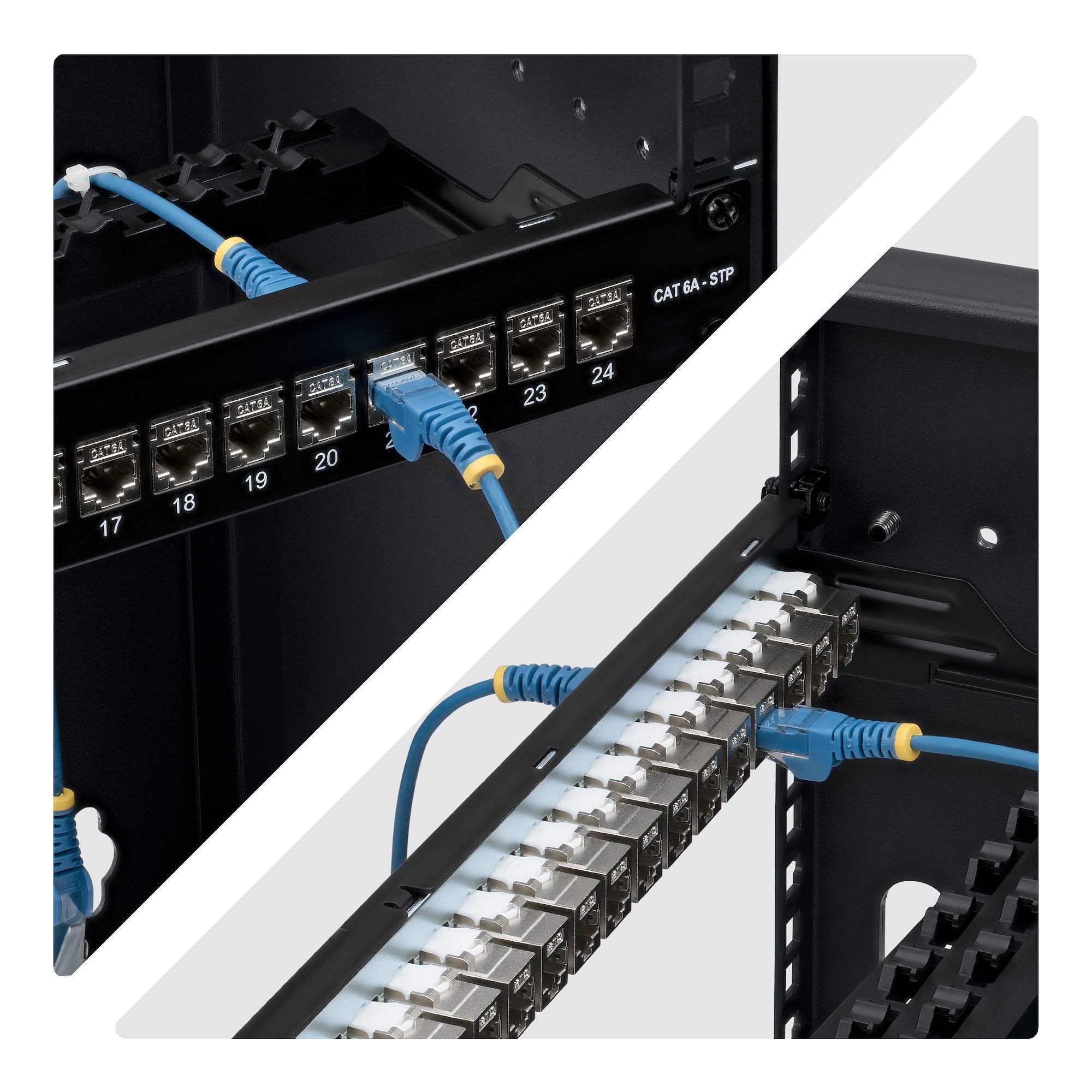 StarTech Patch Panel Passante 24 Porte 1U Cat6a STP (C6APANELSTP241UFT) | Con Barra di Gestione Cavi Integrata, Montaggio su Rack da 19 Pollici, Accoppiatori RJ45 Inline