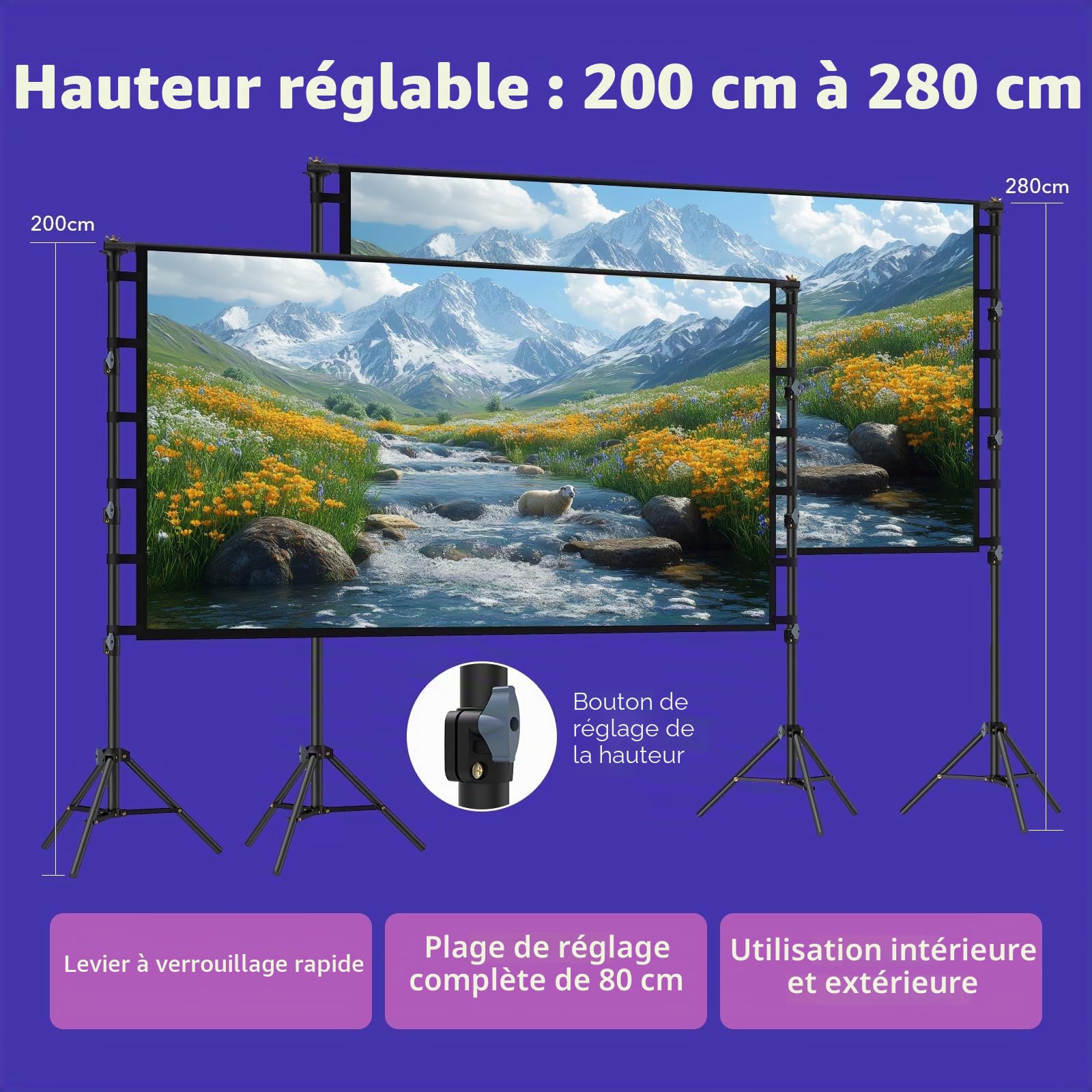 Écran de projection LEORFI avec trépied - 120" - Portable - Avec sac de transport - Intérieur HD 16:9 - Avant arrière - Hauteur réglable - Pour camping et home cinéma