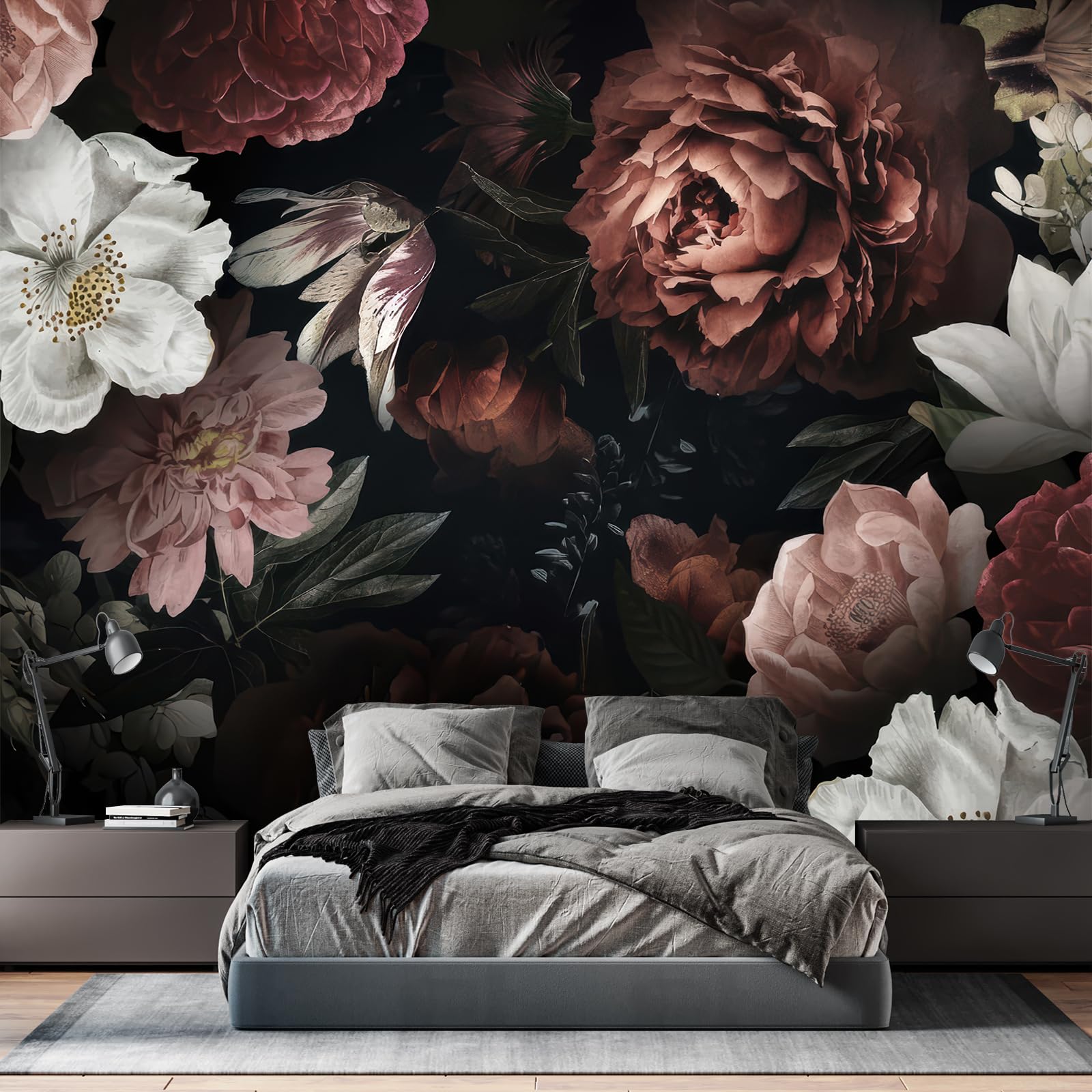 UBEOS-Dark Floral Wallpaper Vintage Peony Wall Murals for Bedroom 136"x96" (Not Peel and Stick)