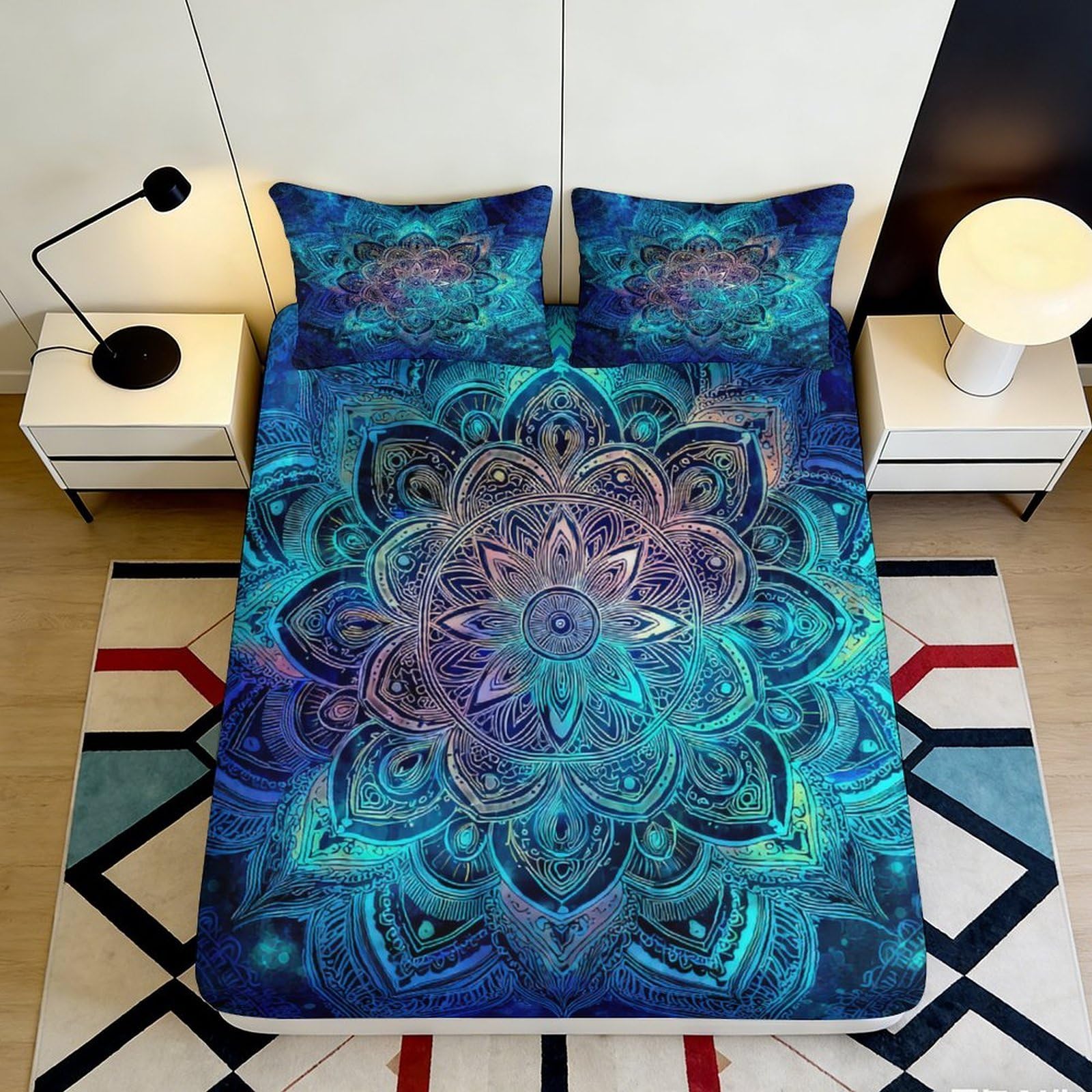3D Printed Mandala Blue Fitted Sheet Microfiber Soft Mattress Cover for Bedroom Dorm Artistic Bed Decor 120x200cm 120x200x25cm