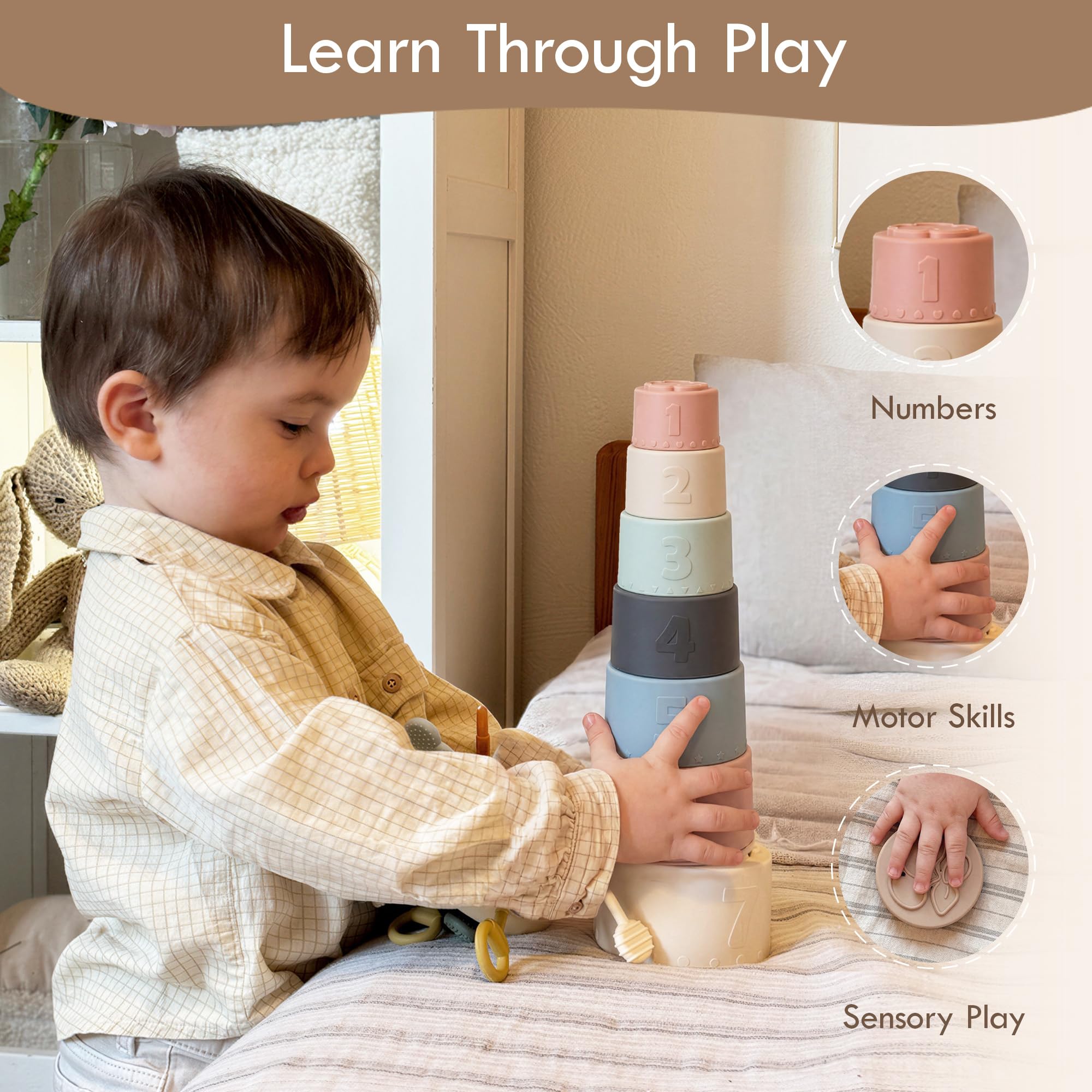 Moonkie Baby Stacking Cups Toy, zabawna edukacja układa kubka silikonowa zabawka dźwiękowa (Fine Day)