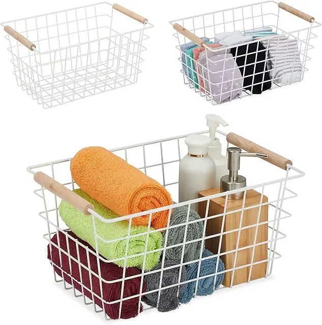Relaxdays Wire Basket Set of 3 - Metal Storage with Wooden Handle, White