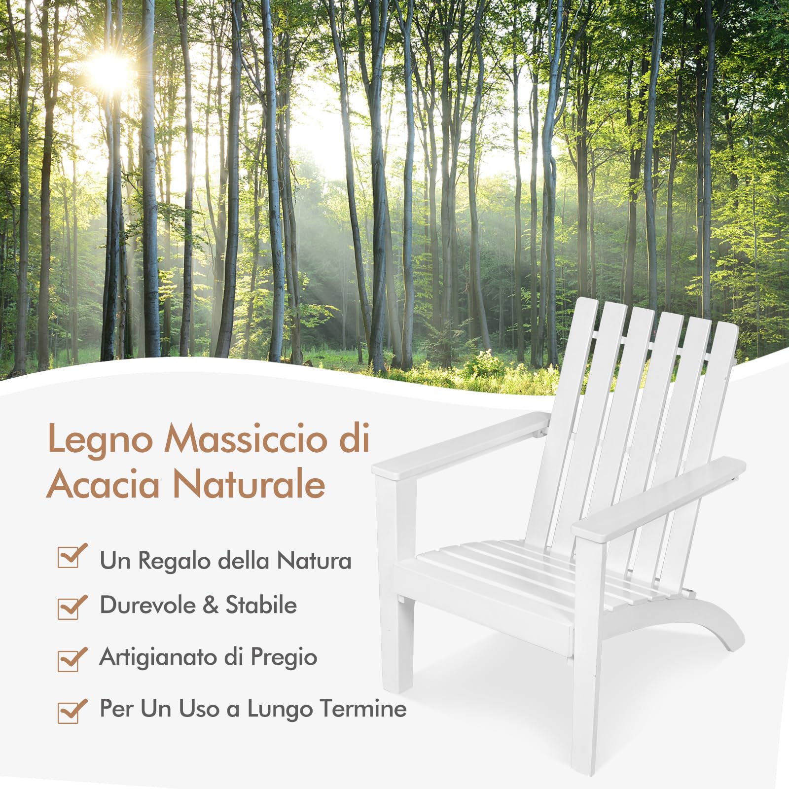 COSTWAY Sedia Adirondack Giardino in Legno, Portata 160 kg (Bianco)