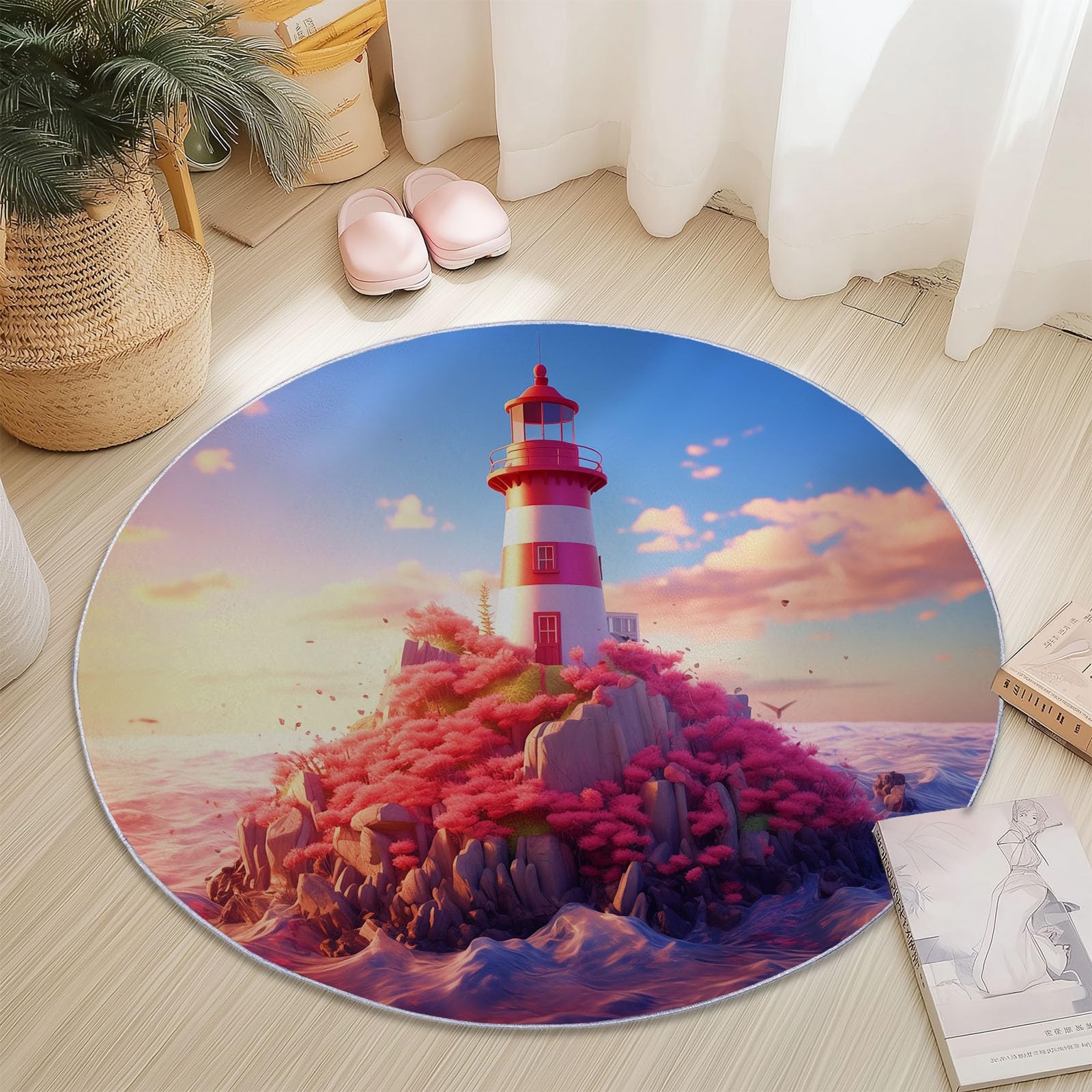 Miękki okrągły dywan Dream Rocks Island Ocean Theme, różowy niebieski zmywalny antypoślizgowy 160 cm okrągły dywan nie blaknie łatwo - do kuchni salonu sypialni jadalni przedpokoju