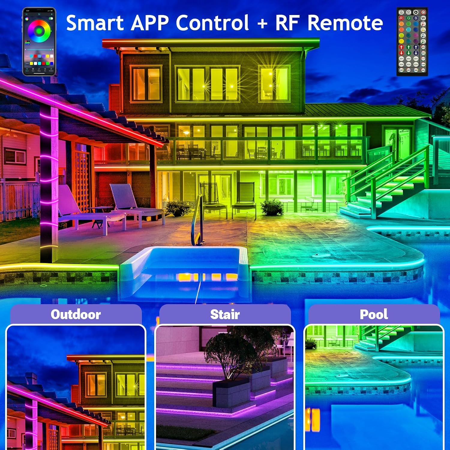 18M Outdoor LED Streifenleuchte wasserdicht,IP68 Außen LED Lichtband wasserfest mit App-Fernsteuerung,Musik Synchronisation RGB Outside Lichterkette für Balkon,Terrasse,Dach,Garten,Pool (18M)