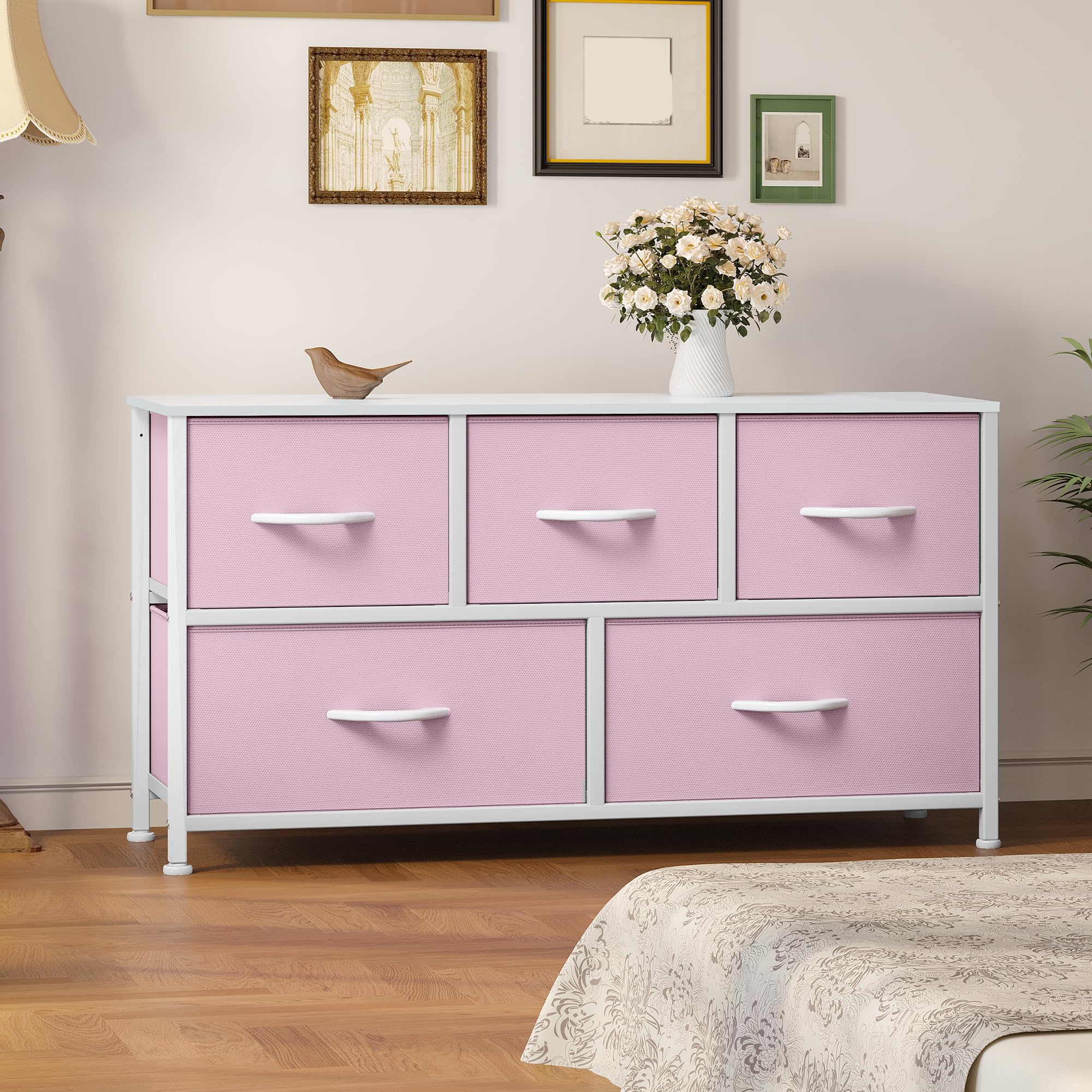 YITAHOME Fabric Dresser With 5 Drawers - Storage Tower With Large Capacity, Organizer Unit For Bedroom, Living Room & Closets - Sturdy Steel Frame, Wooden Top & Easy Pull Fabric Bins (Dark Grey