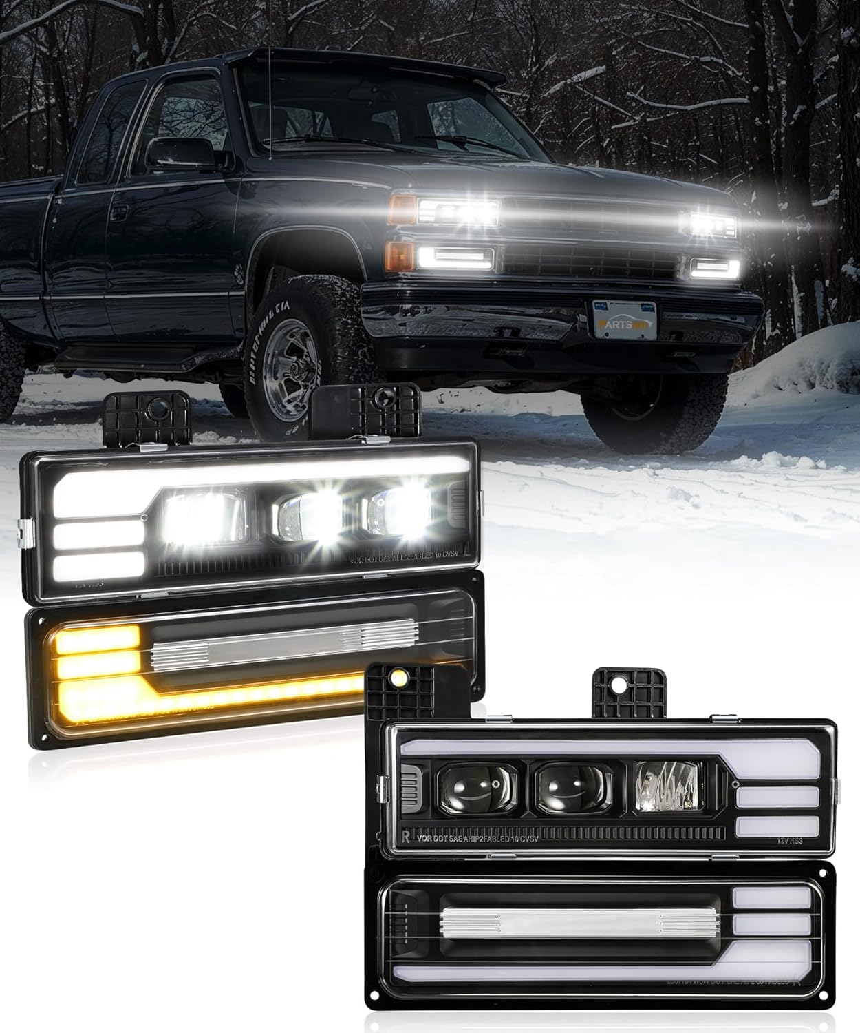 PARTSam LED Headlights Assembly DOT Approved with Start Animation DRL Sequential Turn Signal Hi/Low Beam Side Marker Lights Replacement for OBS Truck Silverado C/K 1500/2500/3500 88-98, 6500K 12V IP67 Black