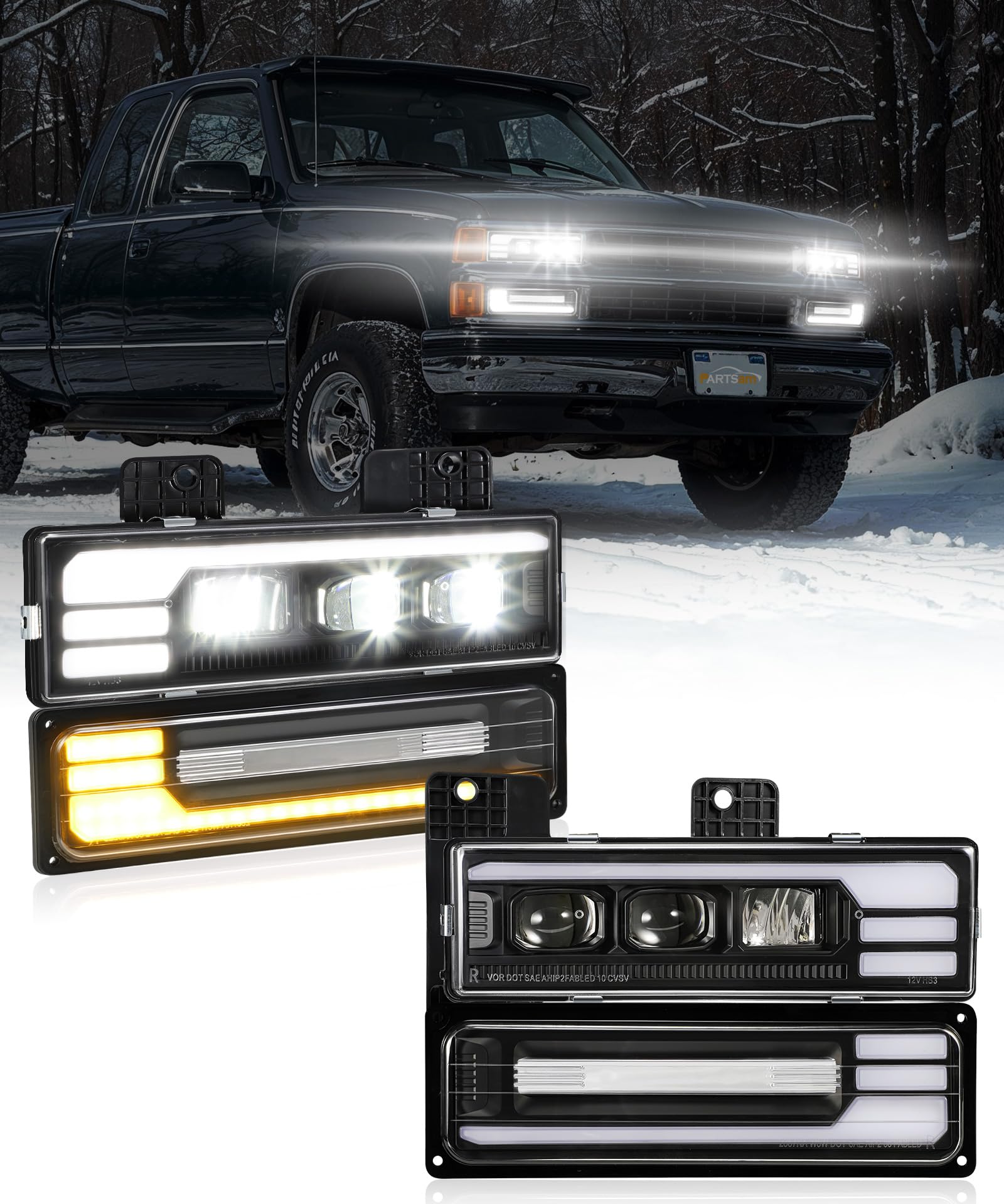 Photo 1 of Partsam LED Headlights Assembly DOT Approved with Start Animation DRL Sequential Turn Signal Hi/Low Beam Lights Replacement for OBS Truck Silverado C/K 1500/2500/3500 88-98, 6500K 12V IP67