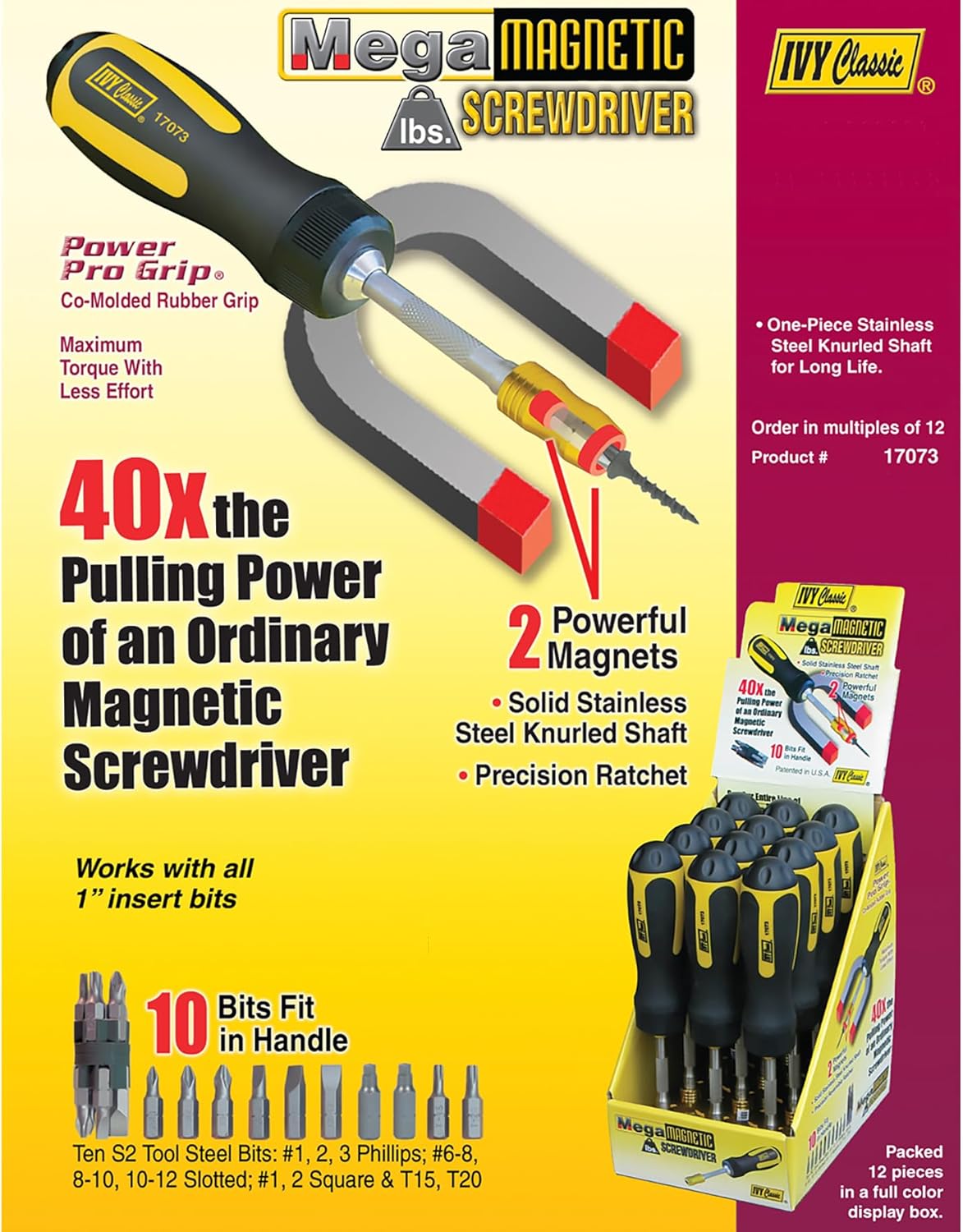 IVY Classic 17073 9" Multi-Bit Ratcheting Screwdriver, Mega-Magnetic, 1-Pack