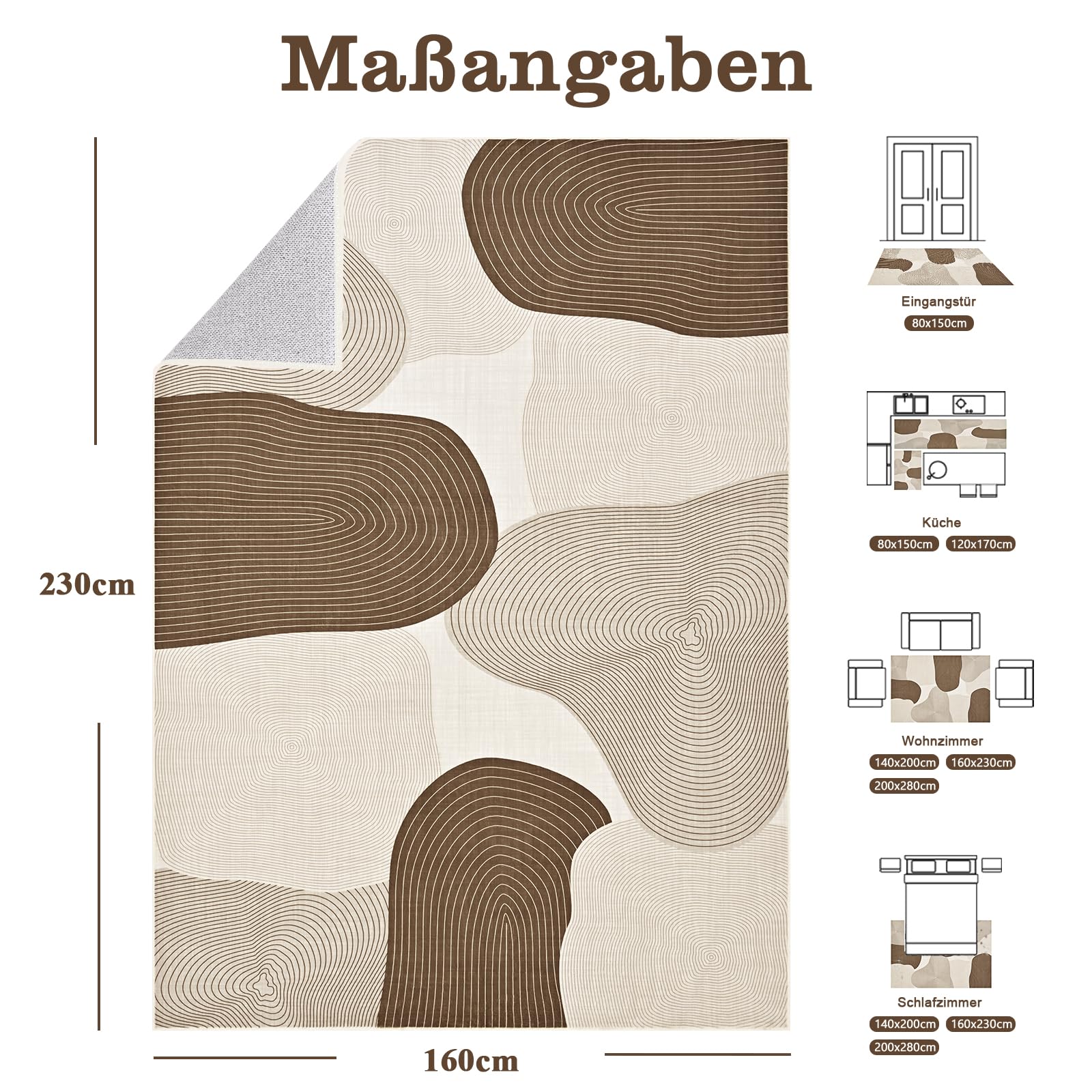 Alishomtll Tappeto per soggiorno, 160 x 230 cm, lavabile, antiscivolo, a pelo corto, linee geometriche moderne, facile da pulire, durevole, grande, rettangolare, marrone