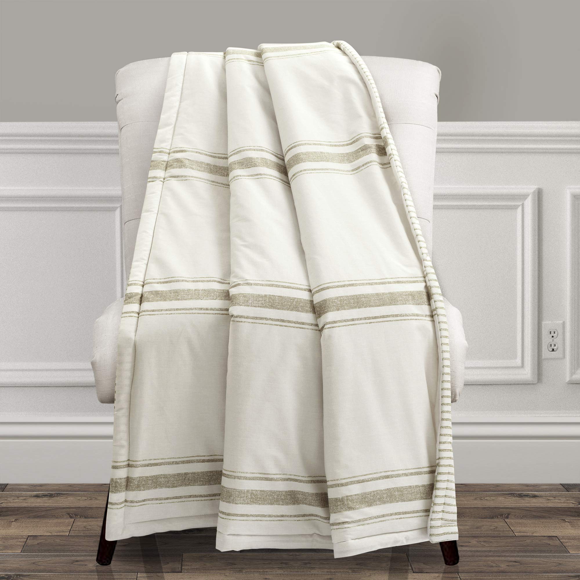 Lush Decor Farmhouse Stripe Throw - Reversible Ticking Pinstripe Design Blanket, 50" x 60", Neutral