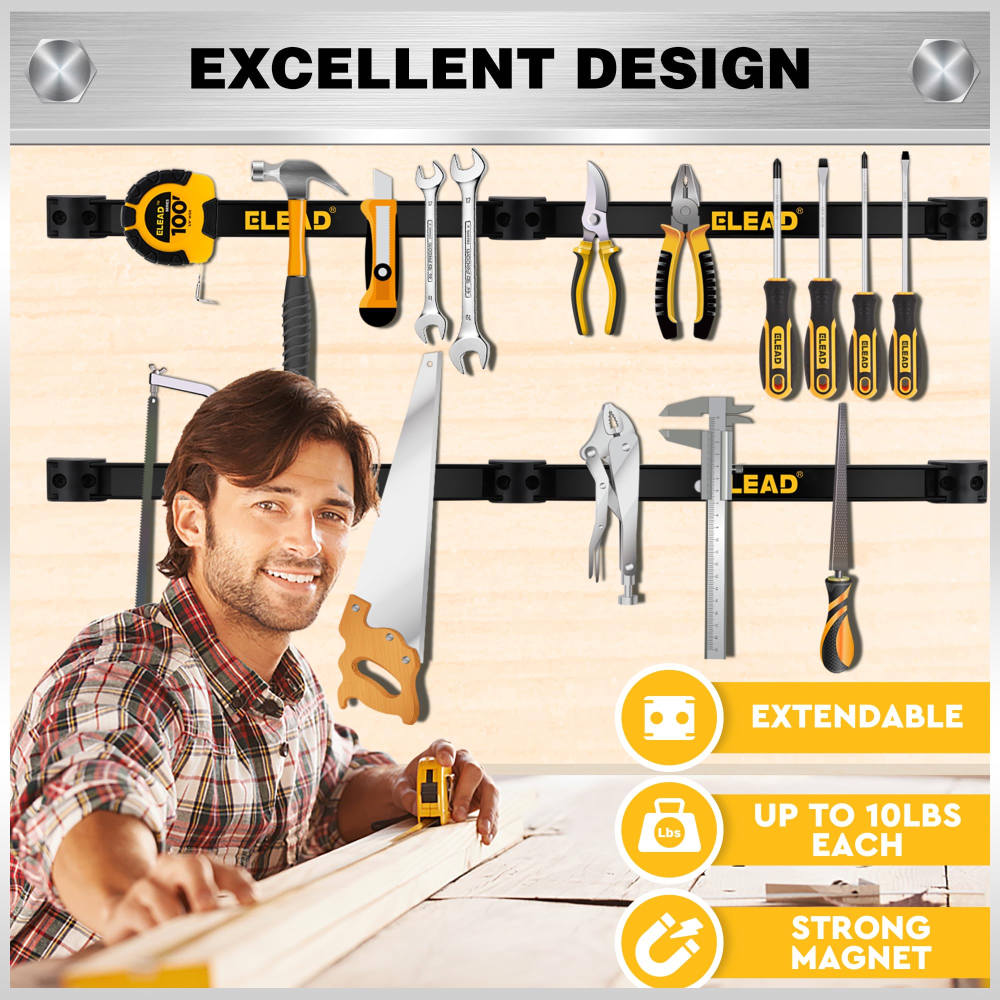ELEAD Organizador magnético de almacenamiento para herramientas, 6 piezas, estante de montaje en pared, organizador de garaje, colgador de imán eléctrico, banco de trabajo, tablero, listones