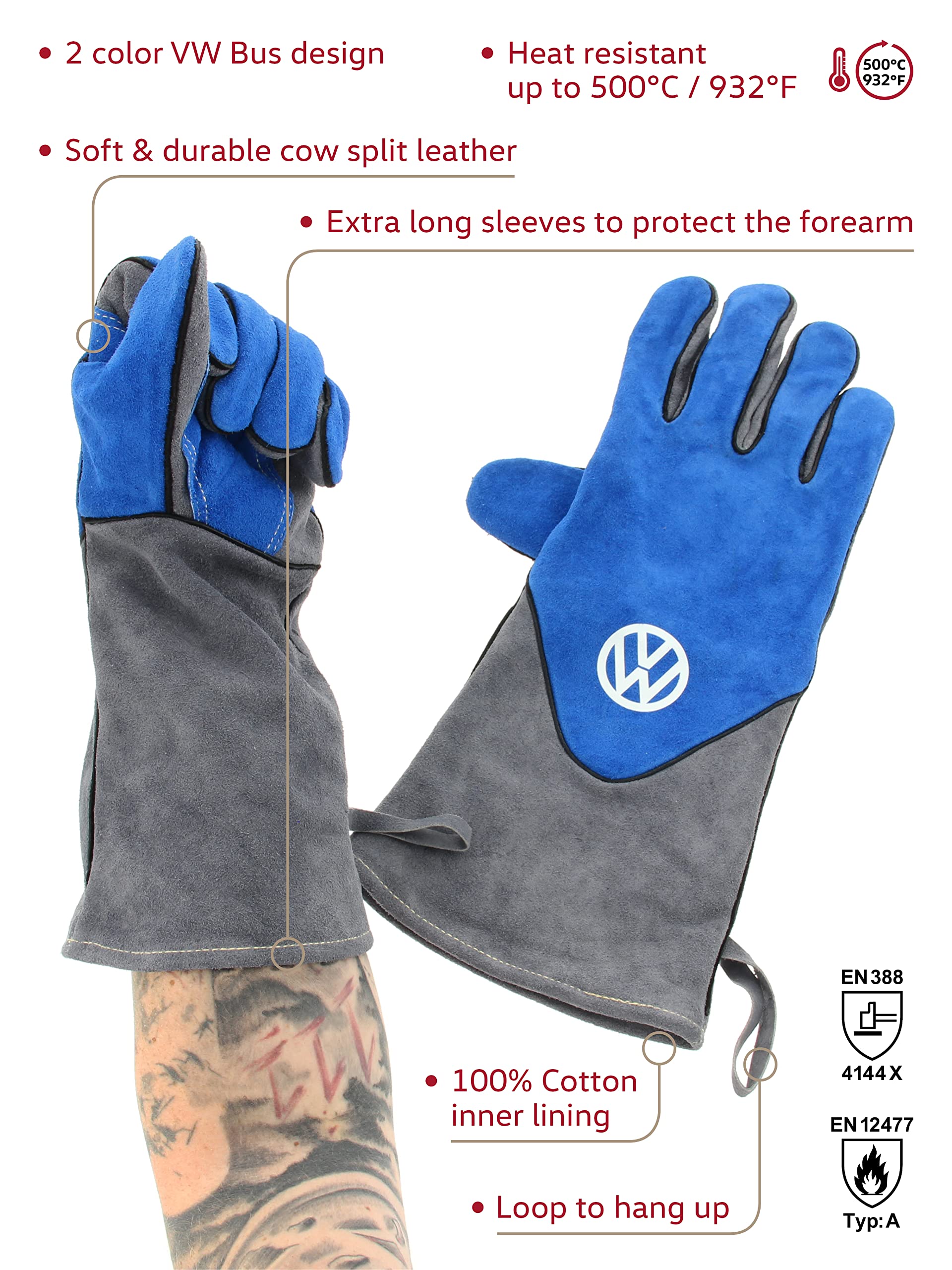 BRISA VW Collection - T1 Bus Pulmino Guanti Barbecue in Pelle Bovina | Volkswagen Protezione Mani e Avambracci per Grill, Resistente al Calore 500°C, Kevlar, Fodera in Cotone, passante, Blu