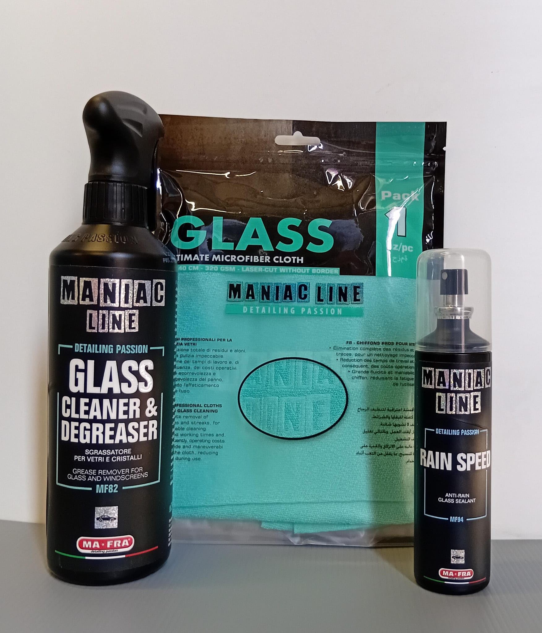 lealine.it kit Mafra Glass Cleaner & Degreaser - Maniac Line For Car Detailing + Glass Ultimate Microfiber Cloths + Rain Speed - Maniac Line For Car Detailing
