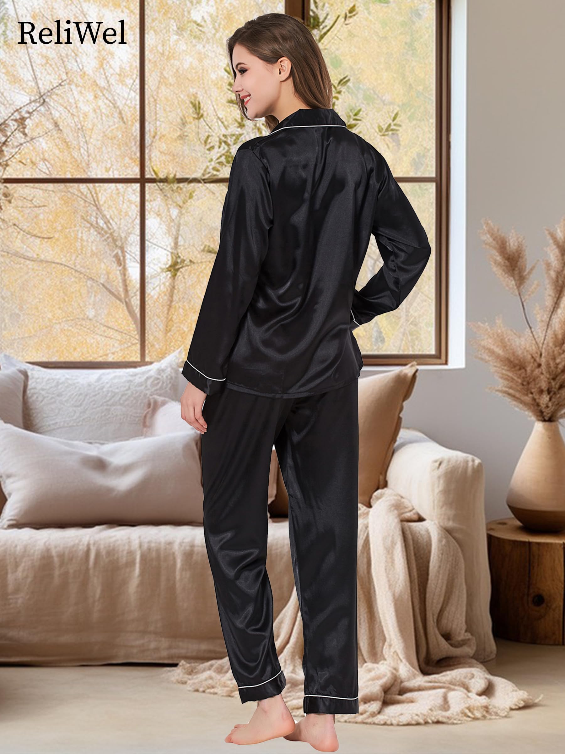 Reliwel Pigiami da Donna in Raso Pigiama Donna Due Pezzi a Maniche Lunghe Set Pigiama con Bottoni Seta Morbido Scollo V Aperto Davanti e Pantaloni Borse Laterali