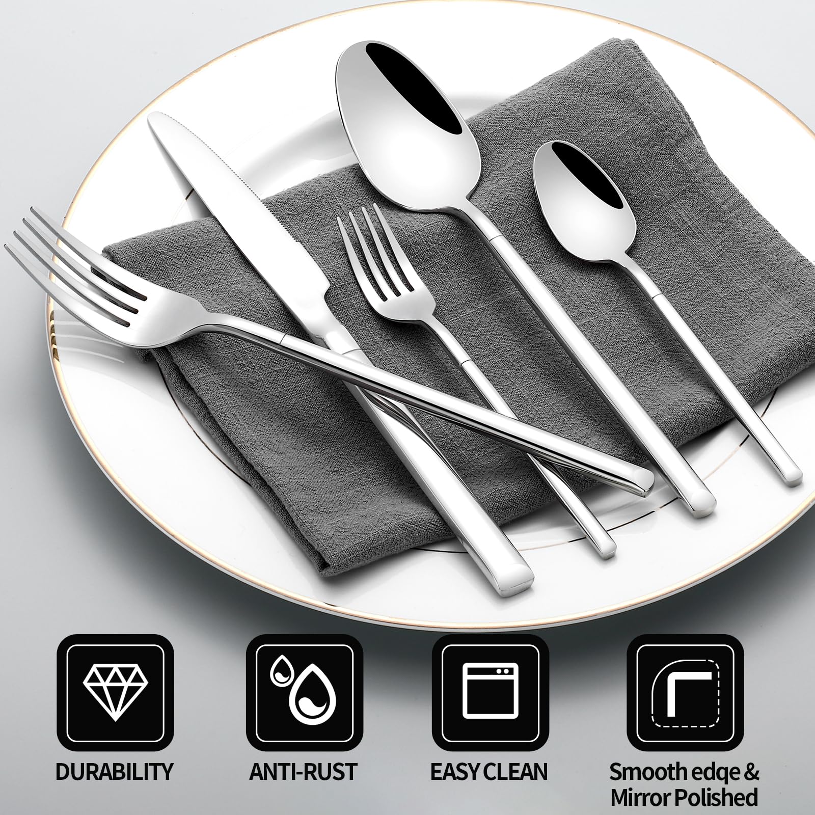Silverware Set for 8, 18/10 Heavy Duty Stainless Steel Flatware Set, Prendcyx 40 Piece Premium Cutlery Sets including Spoons and Forks Set, Dishwasher Safe — Amazon image 5