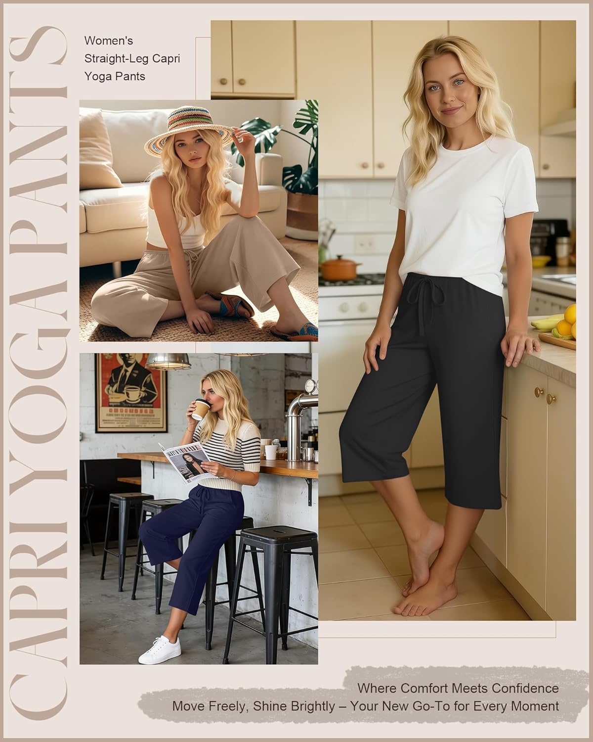 3 Pack Women's Capri Pants Drawstring Yoga Jogger Workout Sweatpants Straight Leg Pajama Trousers with Pockets - Image 5