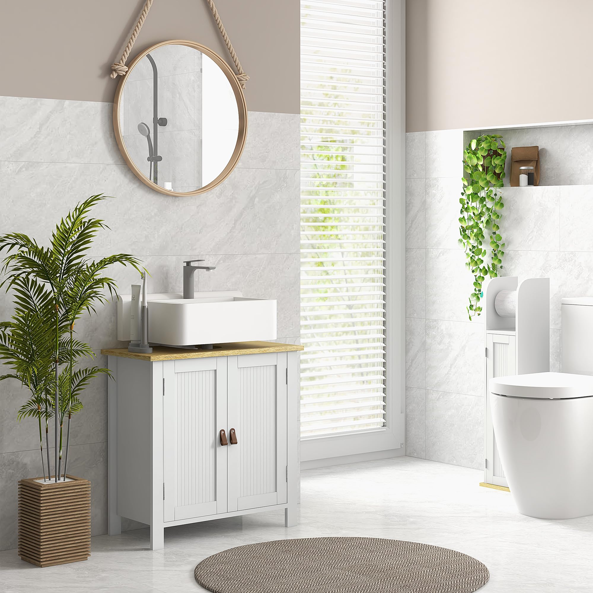 kleankin Meuble sous-Vasque, Meuble sous-Vasque pour Salle de Bains, 2 Portes, étagère réglable, 2 étagères intérieures, poignées PU, 60 x 30 x 60 cm, Blanc