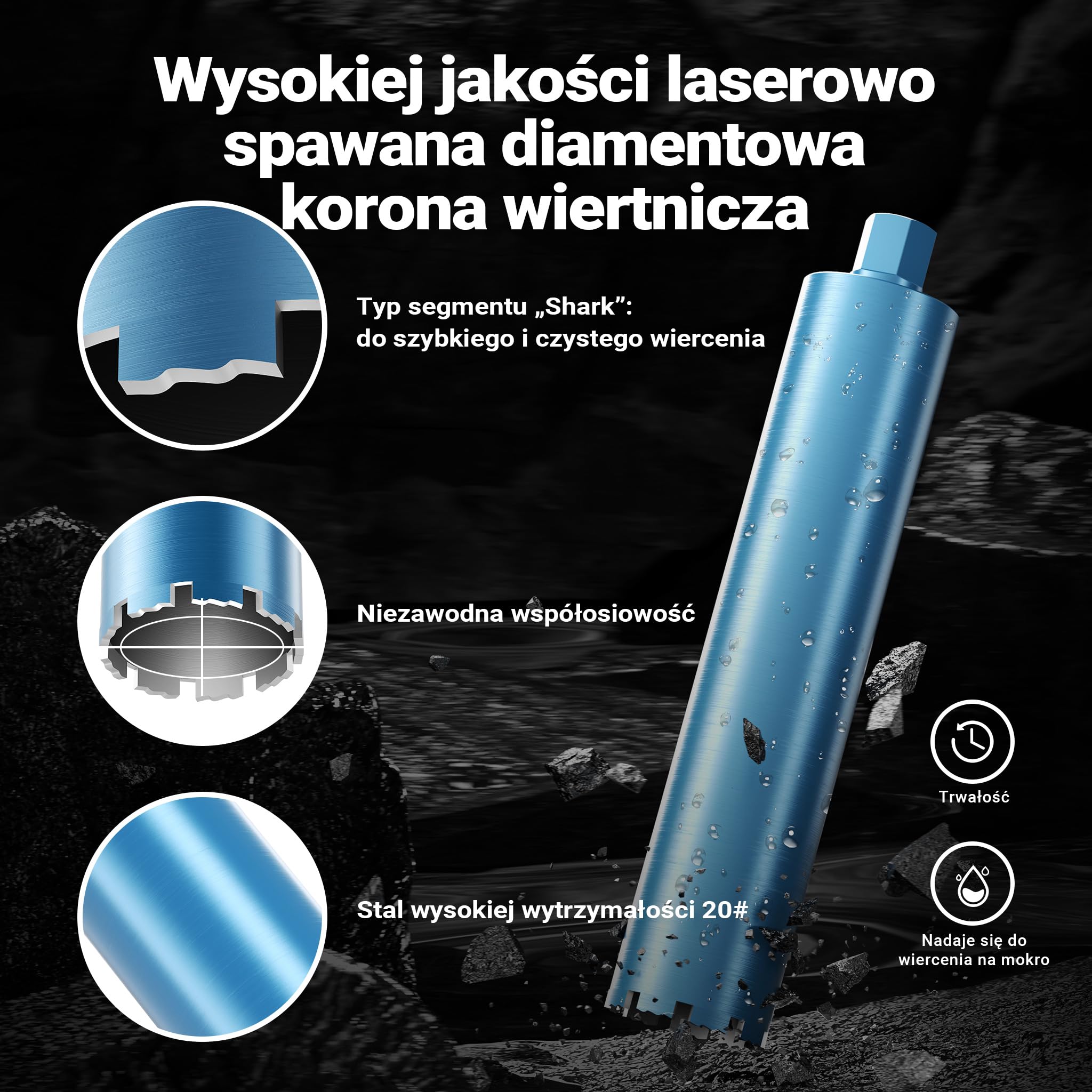 Wiltec Wiertło diamentowe koronowe typu Shark Ø 102 mm o długości 450 mm, 1¼ UNC, do wiercenia w betonie, kafelkach, kamienia i granitu
