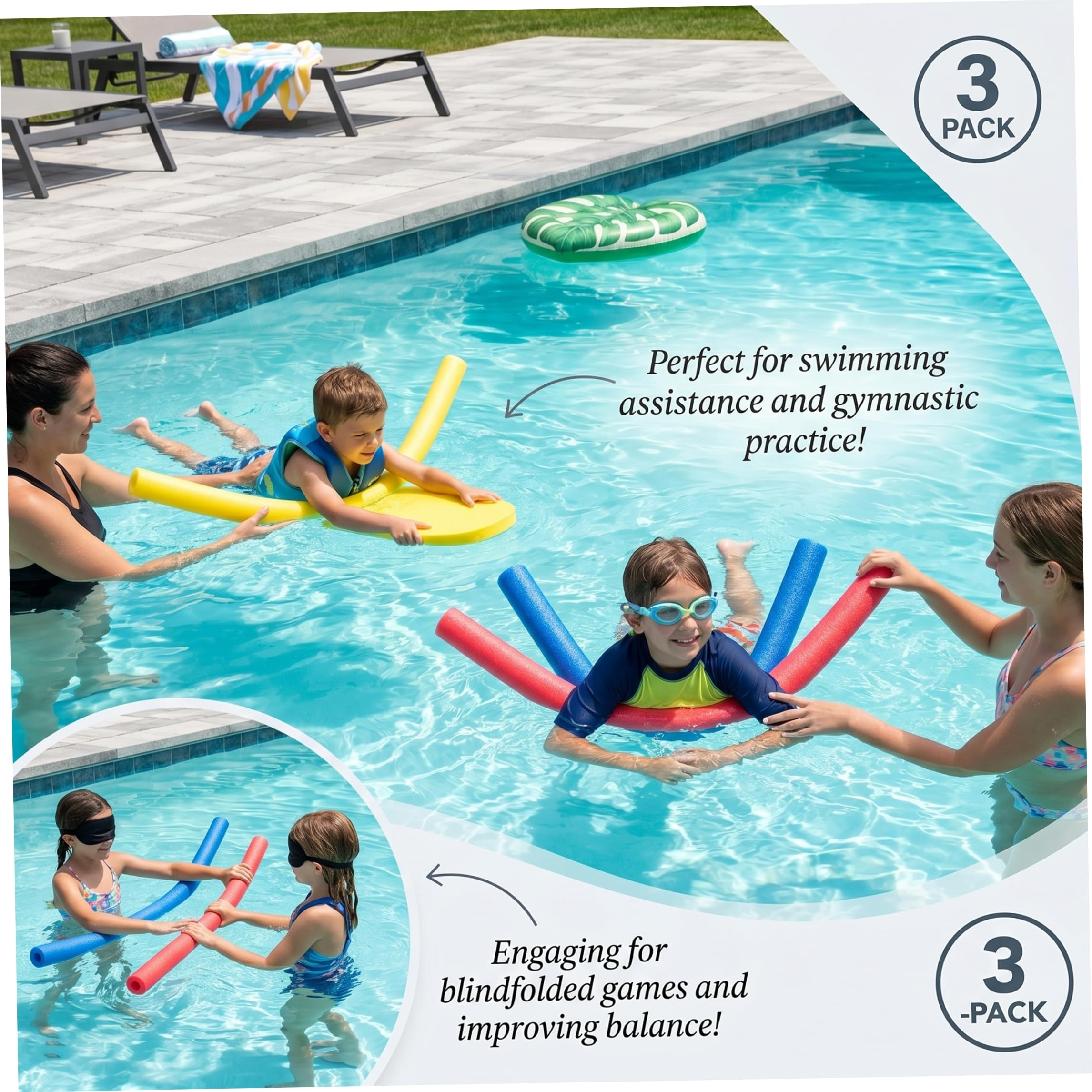Pool Noodles 3PCS Pool Noodles Flotadores de natación Multiuso Huecos de Espuma para Juegos acuáticos y Ejercicio 59 Pulgadas