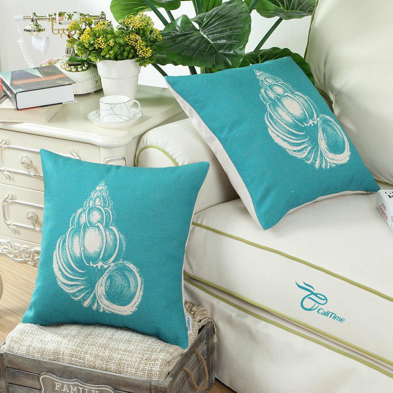 CaliTime Canvas Throw Pillow Cover Case for Couch Sofa Home Decoration Mediterranean Sea Shells Print 18 X 18 Inches Teal