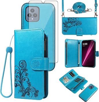 Asuwish Phone Case for T-Mobile Revvl 6/6X 5G Zipper Wallet Cell Cover with Screen Protector Strap Flower Card Holder Tmobile Revvl6 X Revvl6X T Mobile Revvl6X5G Revel Tmo Revell Rebel TCL Women Blue