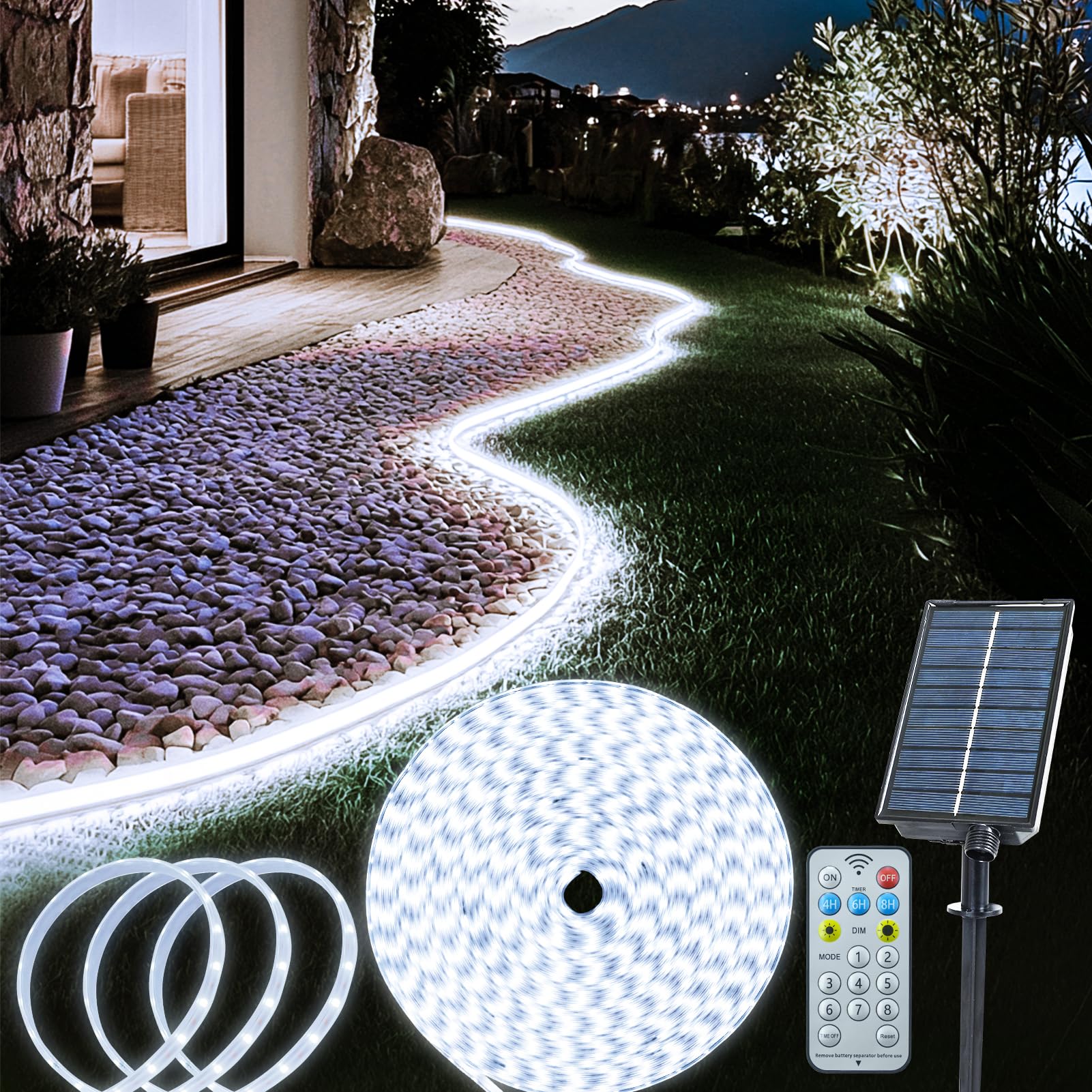 echosari 10M Solar LED Streifen Außen, 640 LED Stripe mit Fernbedienung Dimmbar Timer LED Lichtschlauch Wasserdicht Lichter Band für Zaun Veranda Pavillon Gartenbäume Außen dekor (Weiß)