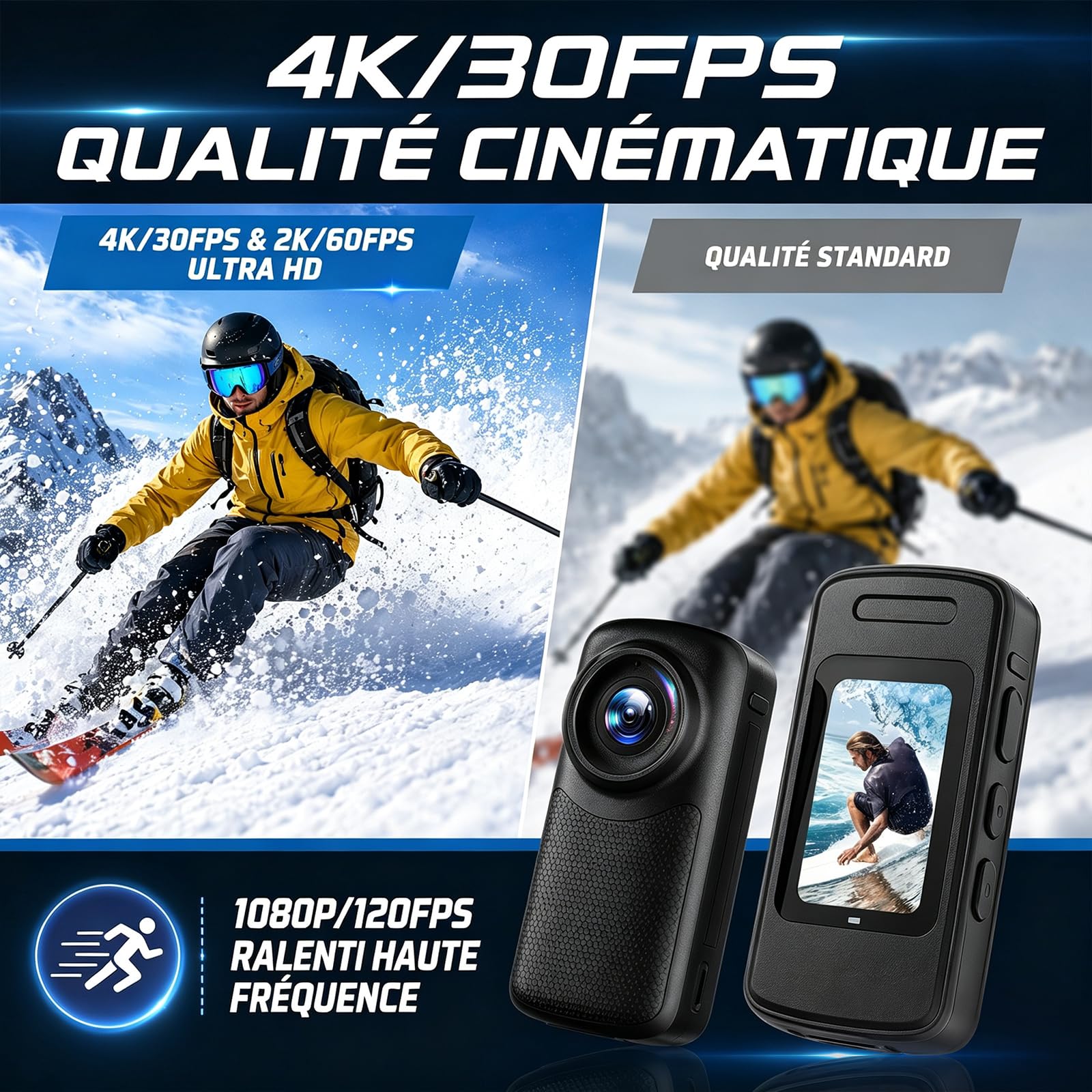 Caméra d'action magnétique portable 1080p HD avec objectif grand angle de 110 degrés et batterie de 1000 mAh pour promenades avec animaux de compagnie, travail, voyage, enregistrement en plein