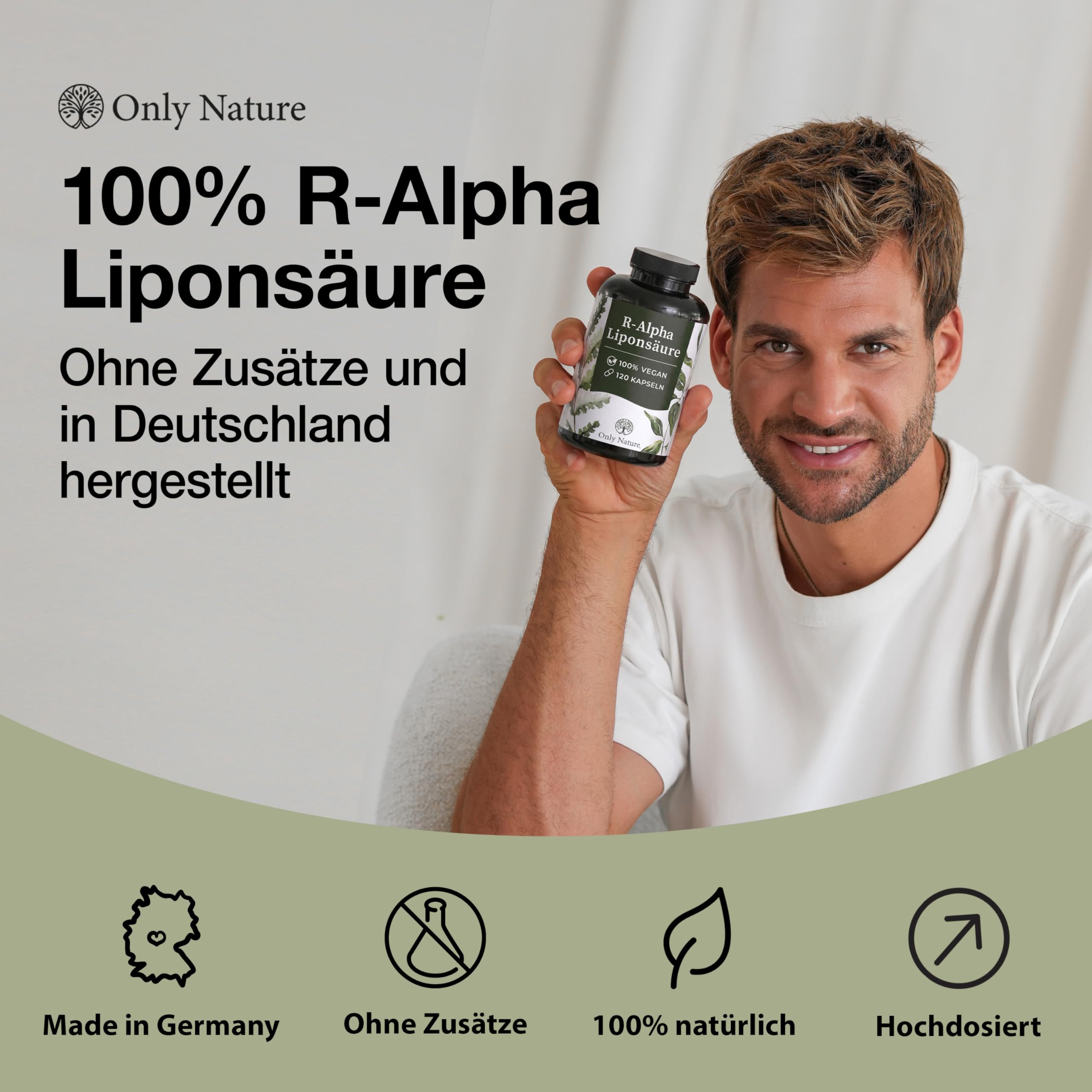 Only Nature® R Alpha Liponsäure 300mg - hochdosiert - 120 laborgeprüfte Kapseln - vegan - ohne Zusätze - in Deutschland produziert - R-Alpha-Liponsäure