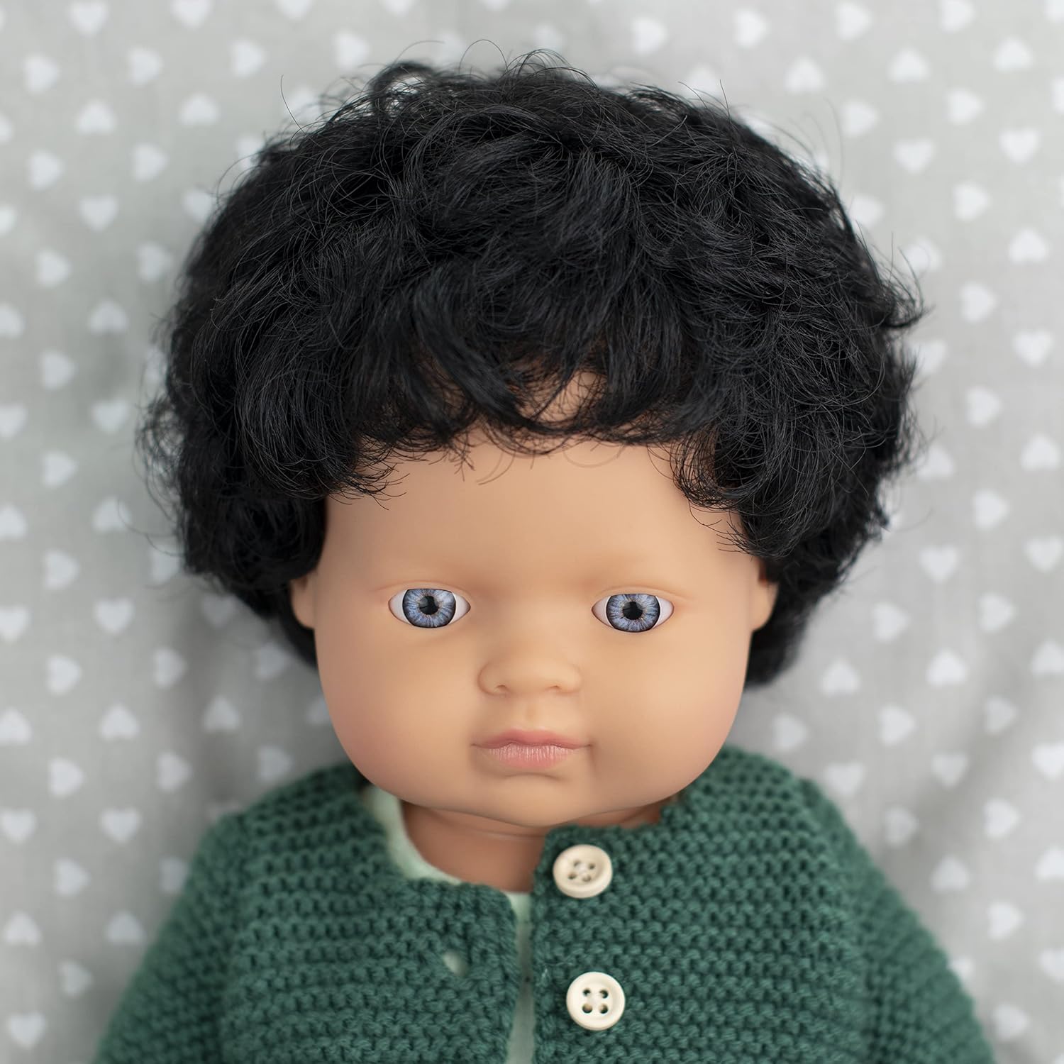 Miniland Doll 15'' Caucasian Curly Black Hair Boy (Box) - Made in Spain, Anatomically Correct, Quality, Inclusion