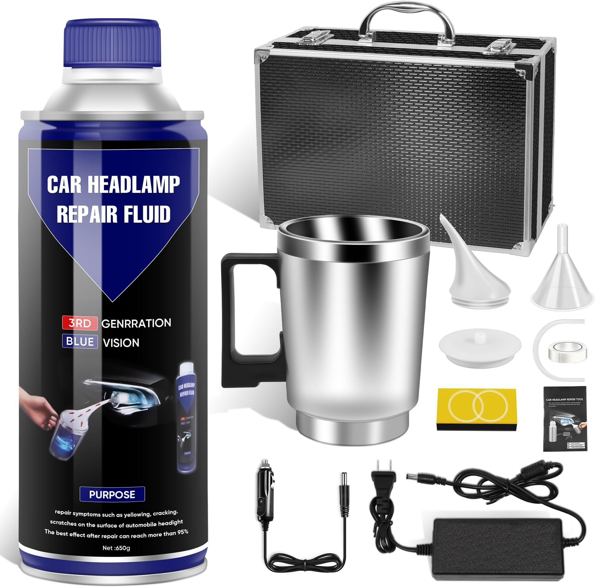 Headlight Restoration Kit, Car Headlight Polish Repair Renovation Kit, Vapor Headlight Repair Tool, 650ml Repair Liquid with UV Block Coat to Removes Yellowing, Haze, Scratches, Oxidation