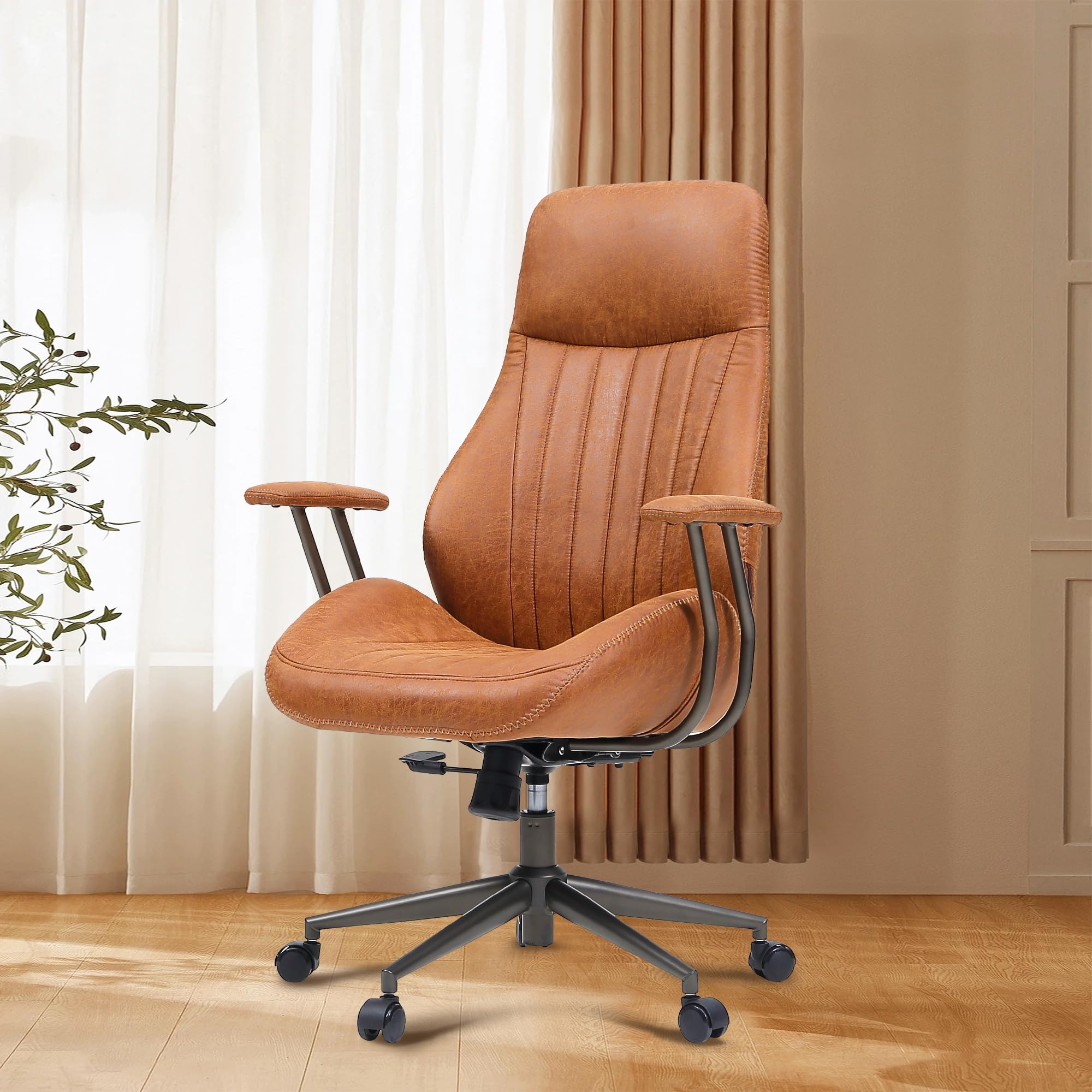 Mid Century Modren Office Chair - High Back Swivel Executive Chair with Lumbar Support,Ergonomic Computer Desk Chair with Wheels,Faux Lether Suede