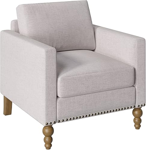 Miniatura 5 de Merax, Sillón clásico de lino beige con ribete de clavos de bronce con patas de madera, sofá individual para sala de estar, dormitorio, balcón
