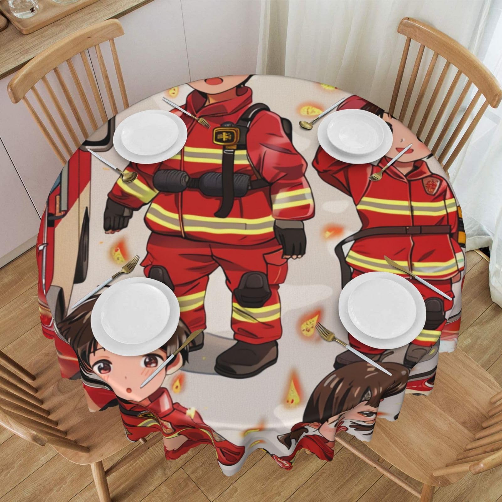 Nappe ronde camion de pompiers 152 cm en polyester lavable avec dentelle