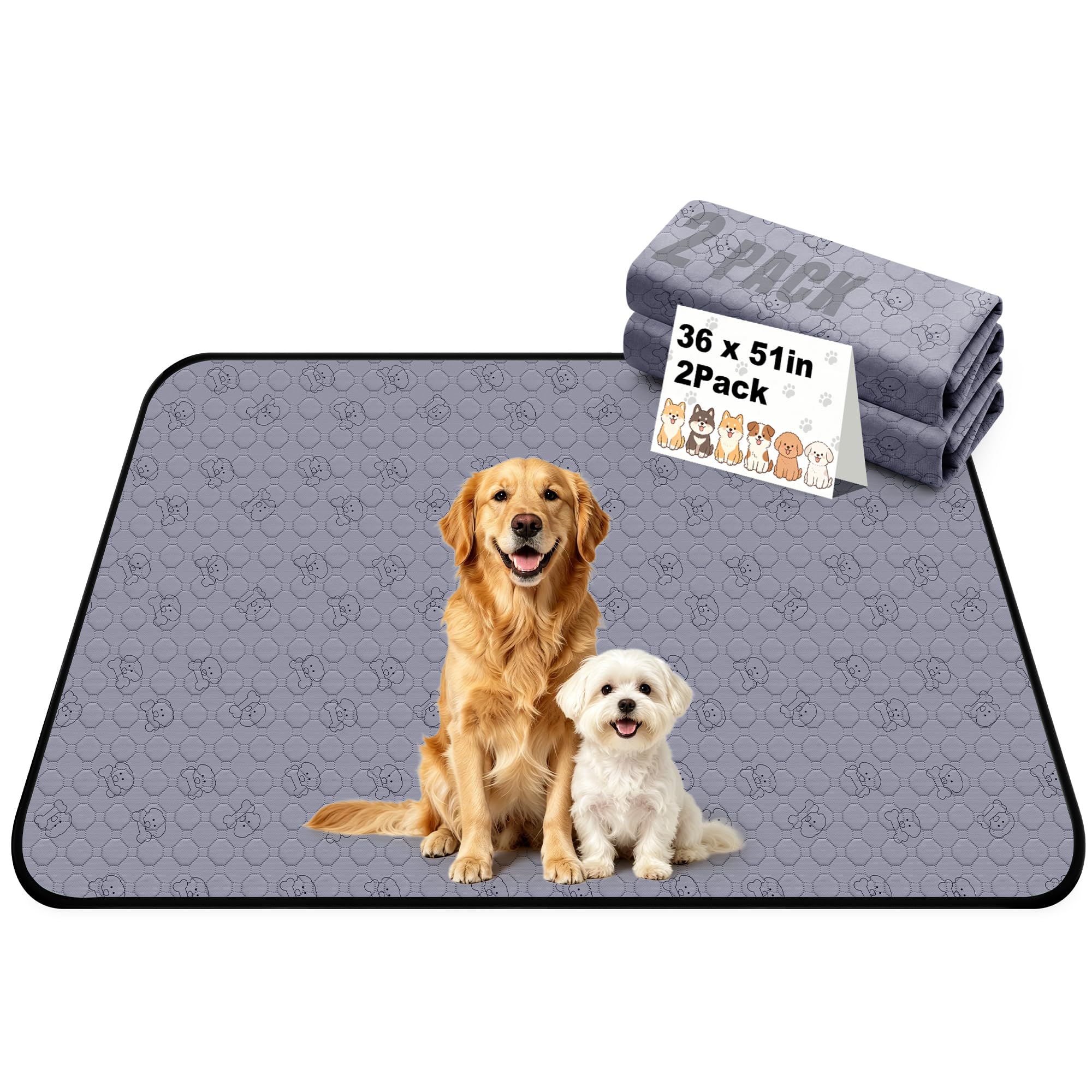 Zlune 2 Pack Washable Pee Pads for Dogs, Reusable Training Puppy pads Absorbency Non-Slip & Leak-Proof for Pet Whelping Box Playpen Crate Sofa Bed Floors ( 91cm × 129cm ,Gray)