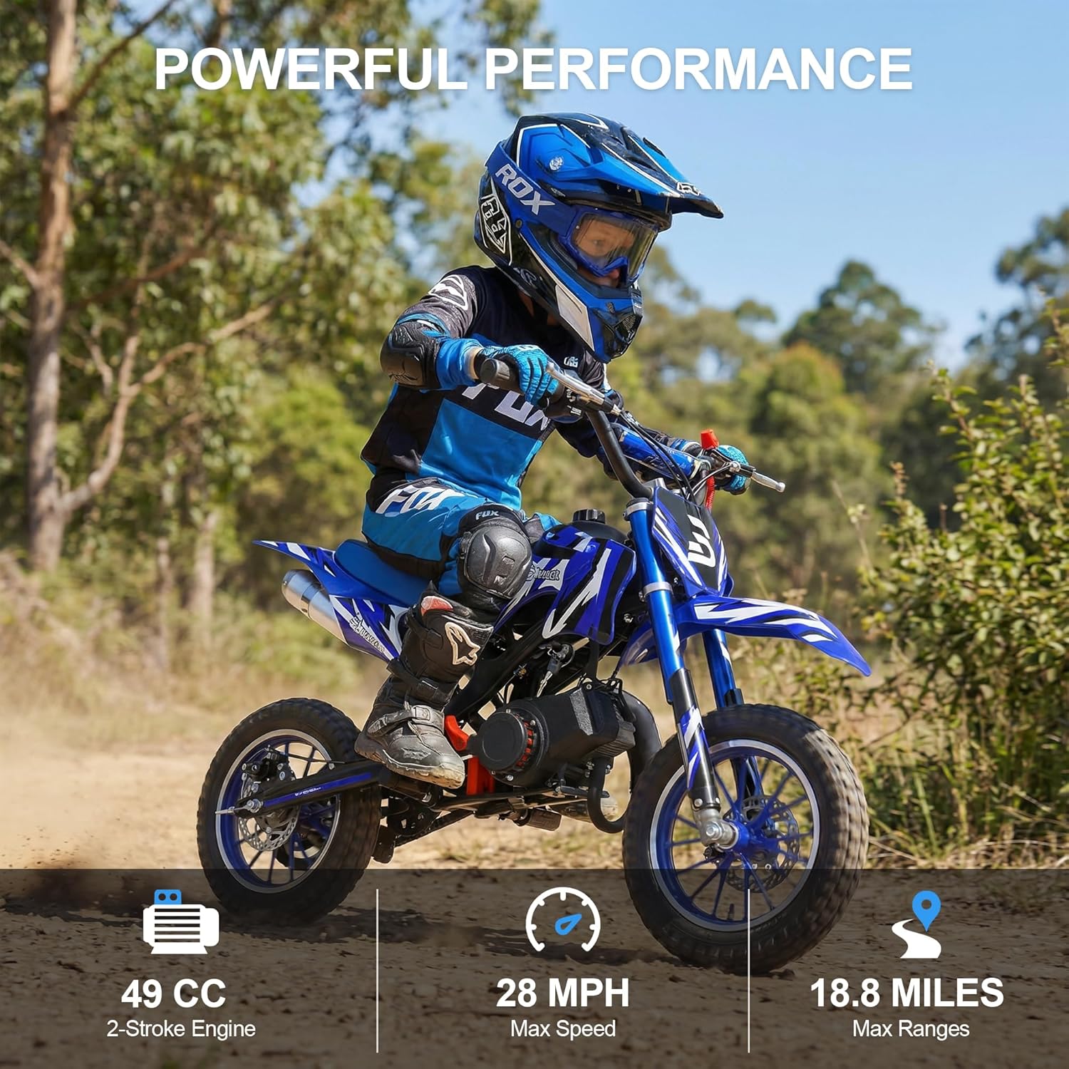 49CC Kids Gas Dirt Bike, 2-Stroke Gas Powered Motorcycle, Dual Disc Brakes, Front & Rear Shock, 10" Off-Road Tires, 28 MPH Top Speed, 132 LBS Max Load, Mini Dirtbike for Kids 8-14, Blue