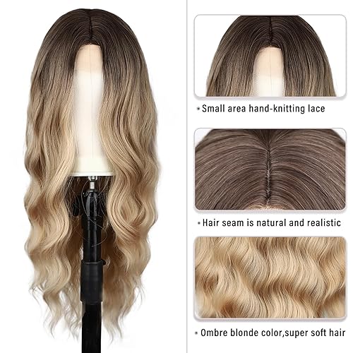 Miniatura 4 de Peluca rubia sucia, pelucas largas onduladas rubias para mujer, 26 pulgadas, parte media, peluca sintética rizada natural, peluca de fibra