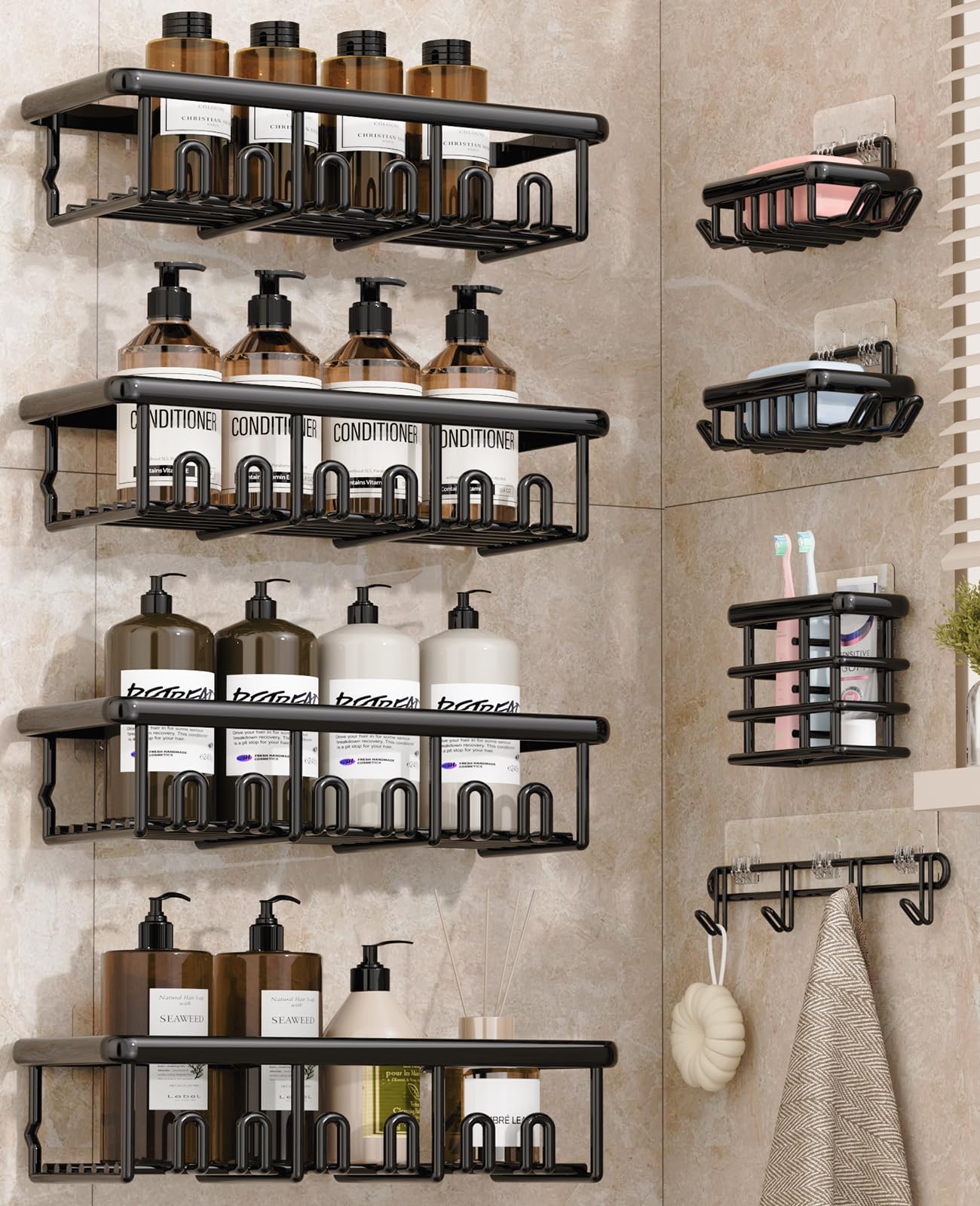 Zeawec 8 Pack Shower Caddy, Adhesive Rustproof Bathroom Organizers and Storage Shelves with Soap Holder & Hooks, Large Capacity No-Drilling Shower Rack for Bathroom, Kitchen Accessories, Black