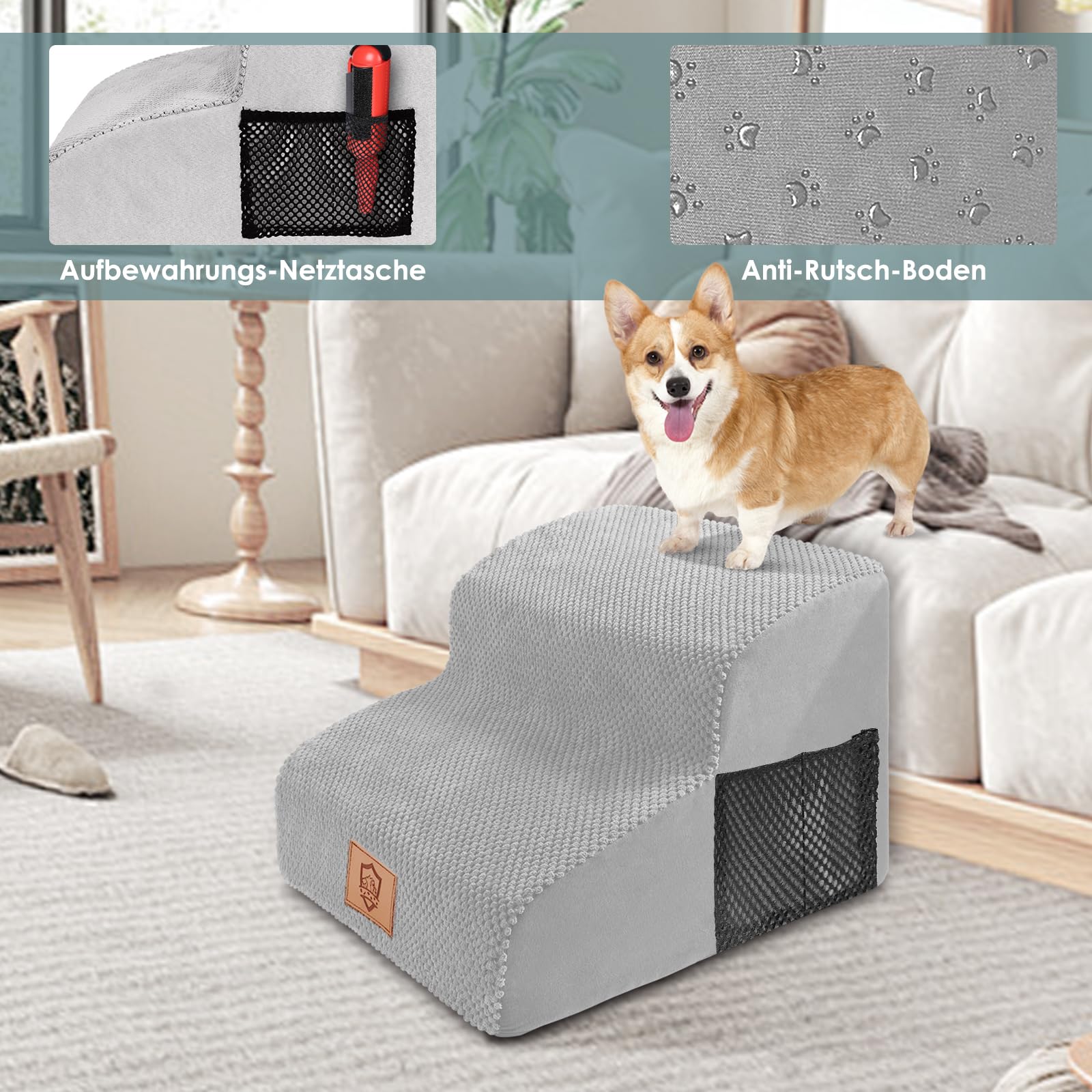 Myiosus Scaletta per Cani 2 Gradini, Scala per Cani con Rimovibile Lavabile Copertura, Rampa per Animali In Schiuma Ad Alta Densità, Gradini Antiscivolo per Cuccioli Gatti, Grigio Chiaro