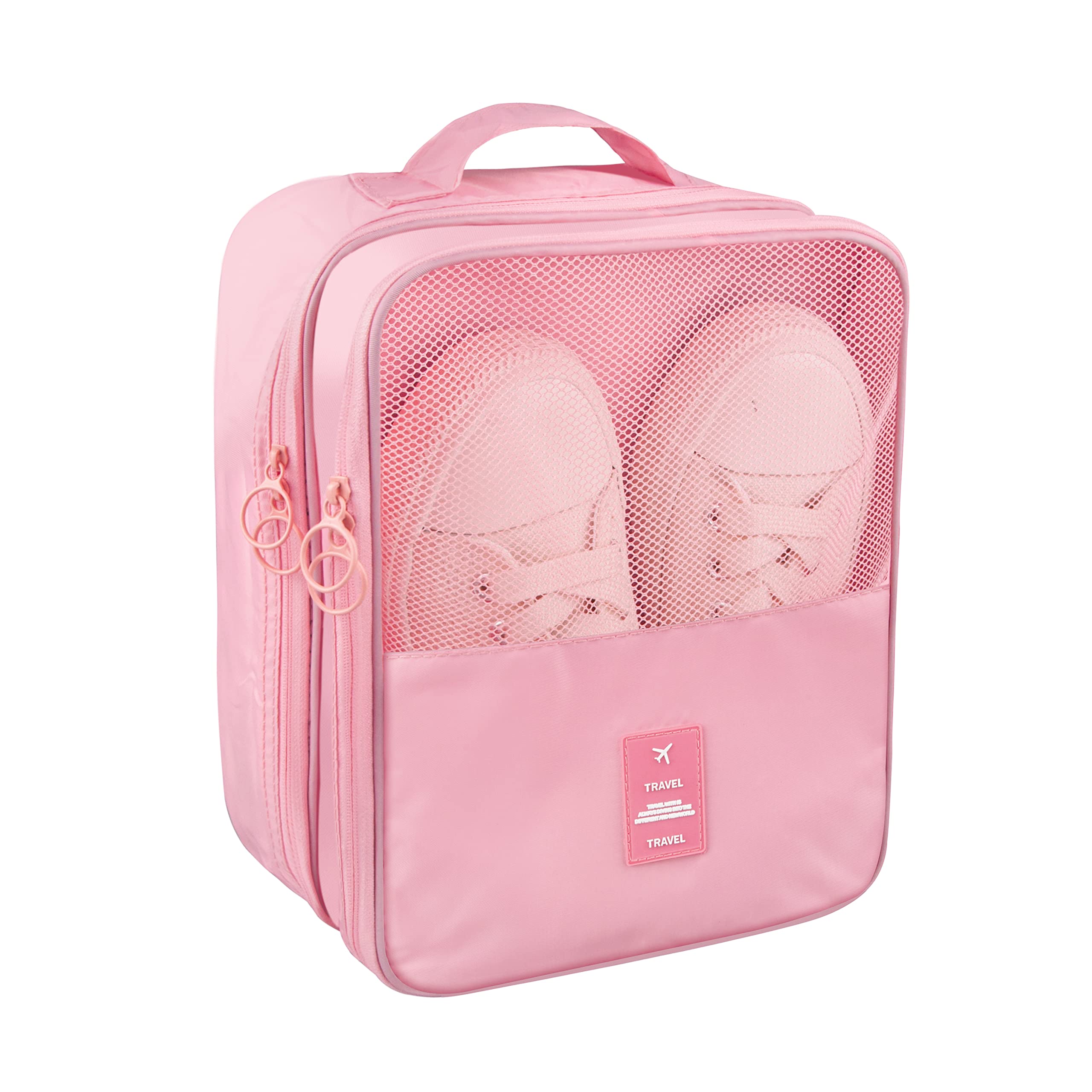 Ebbniur Travel Shoe Bag - Waterproof Shoe Organizer Holds 3 Pairs, Packing Cube for Suitcase Travel and Daily Use Storage Pouch with Handle (Pink)