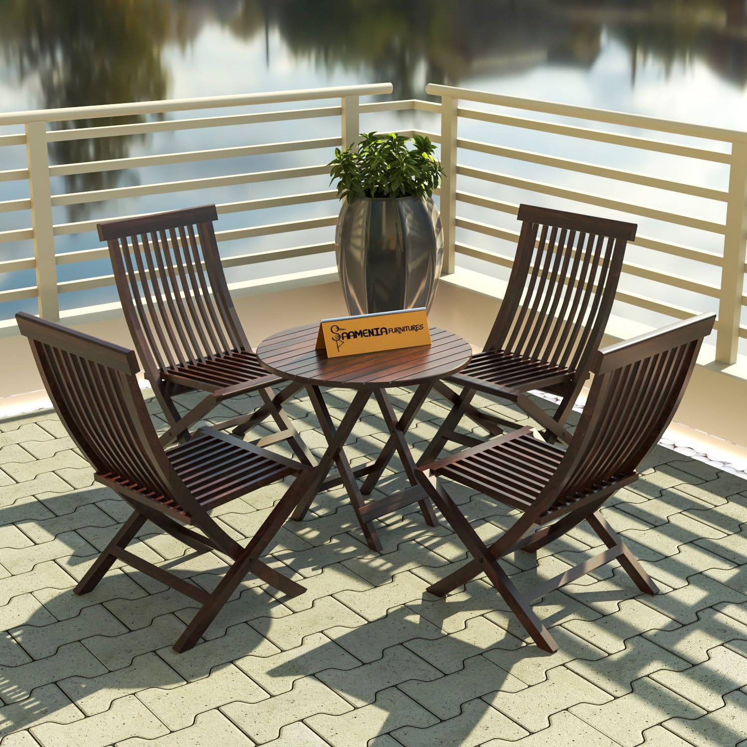Sheesham Wood Foldable Patio Dining Set for Balcony Garden and Outdoor, 4 Chairs and Table - Walnut Finish-image-46