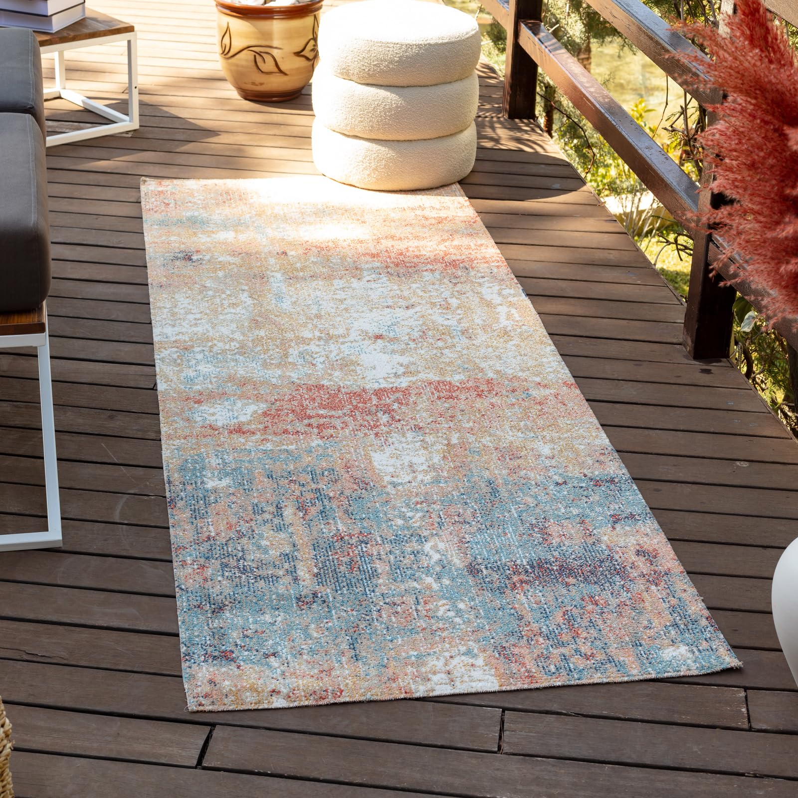 Livabliss Samira Mijek Indoor Outdoor Rug - Boho Runner Rugs for Living Room 80x150 cm Dining, Hallway Carpet, Patterned Neutral and Coloured Rugs, Waterproof, Stain Durable - Rust and Blue
