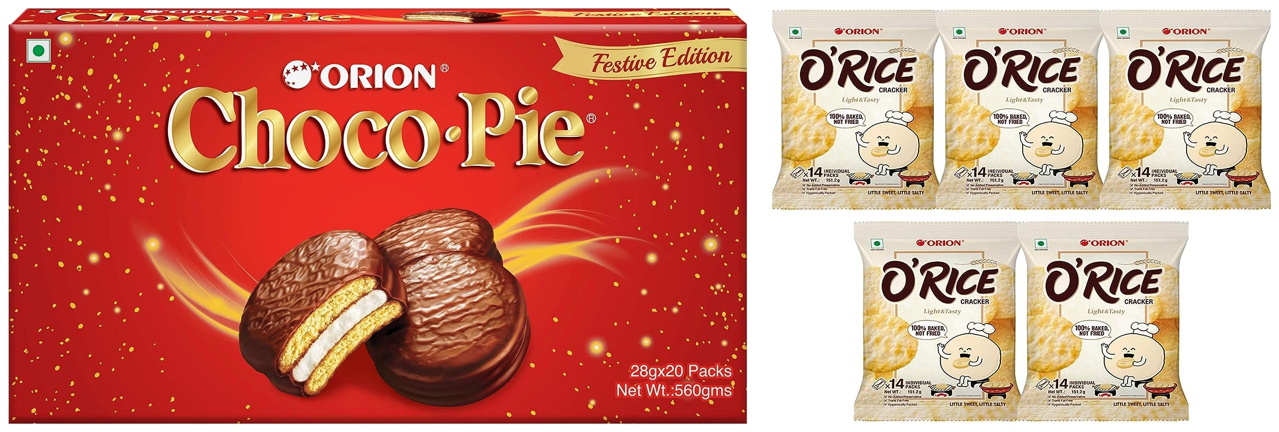 ORION O'Rice Cracker - Monthly snack box, 70pc Pack | Baked Korean snack | Healthy Snack & Orion Choco Pie Premium Chocolate Gift pack (20 pies)|