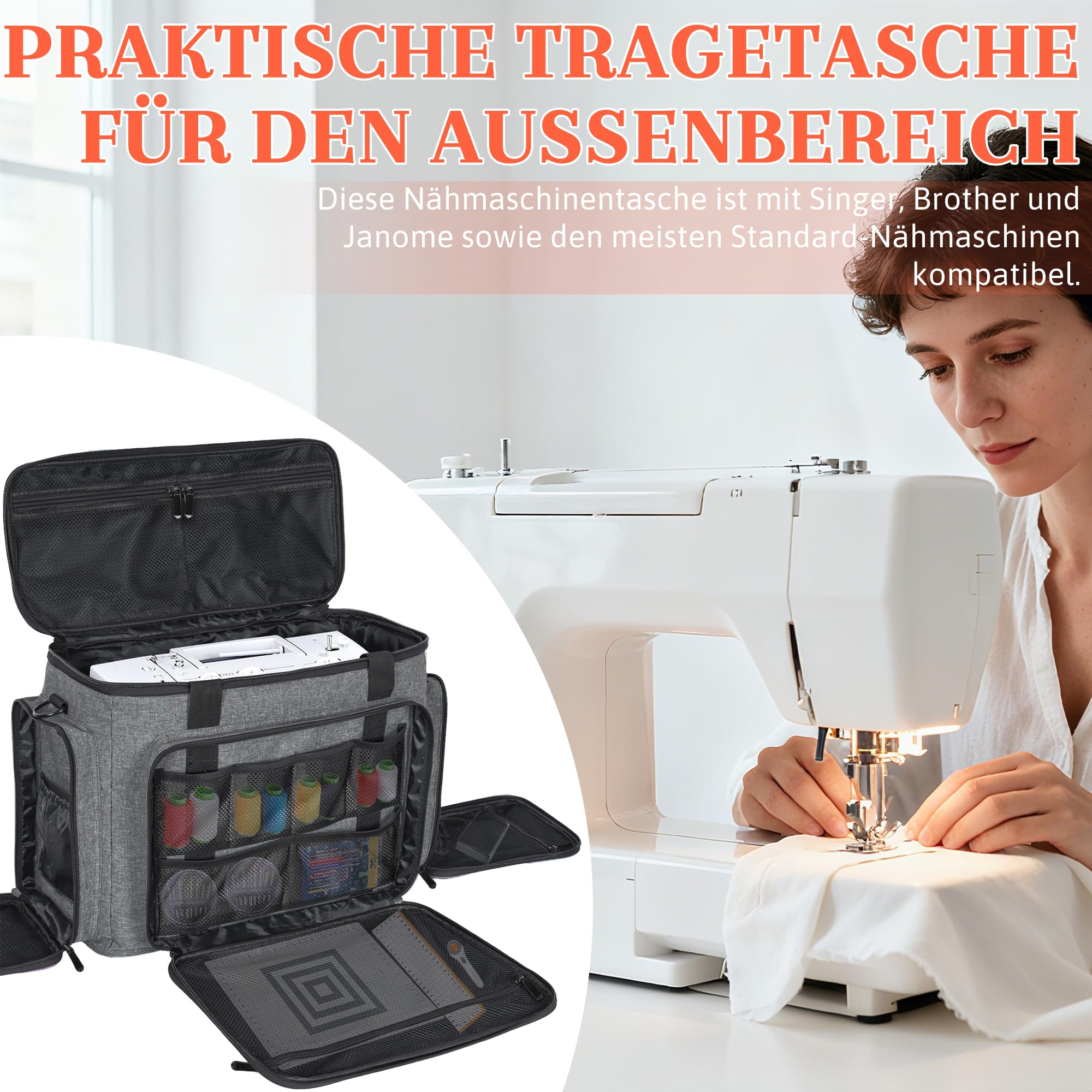 Nähmaschinentaschen, Kompatibel mit den Meisten Standard Nähmaschinen, Transporttasche für Nähmaschine und Zubehör mit Herausnehmbarem Polster und Mehreren Staufächern (Grau)
