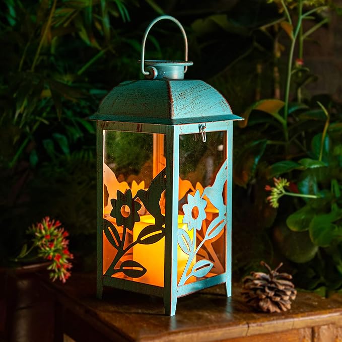Solar Lantern Outdoor Hummingbird Blue Antique Metal & Glass